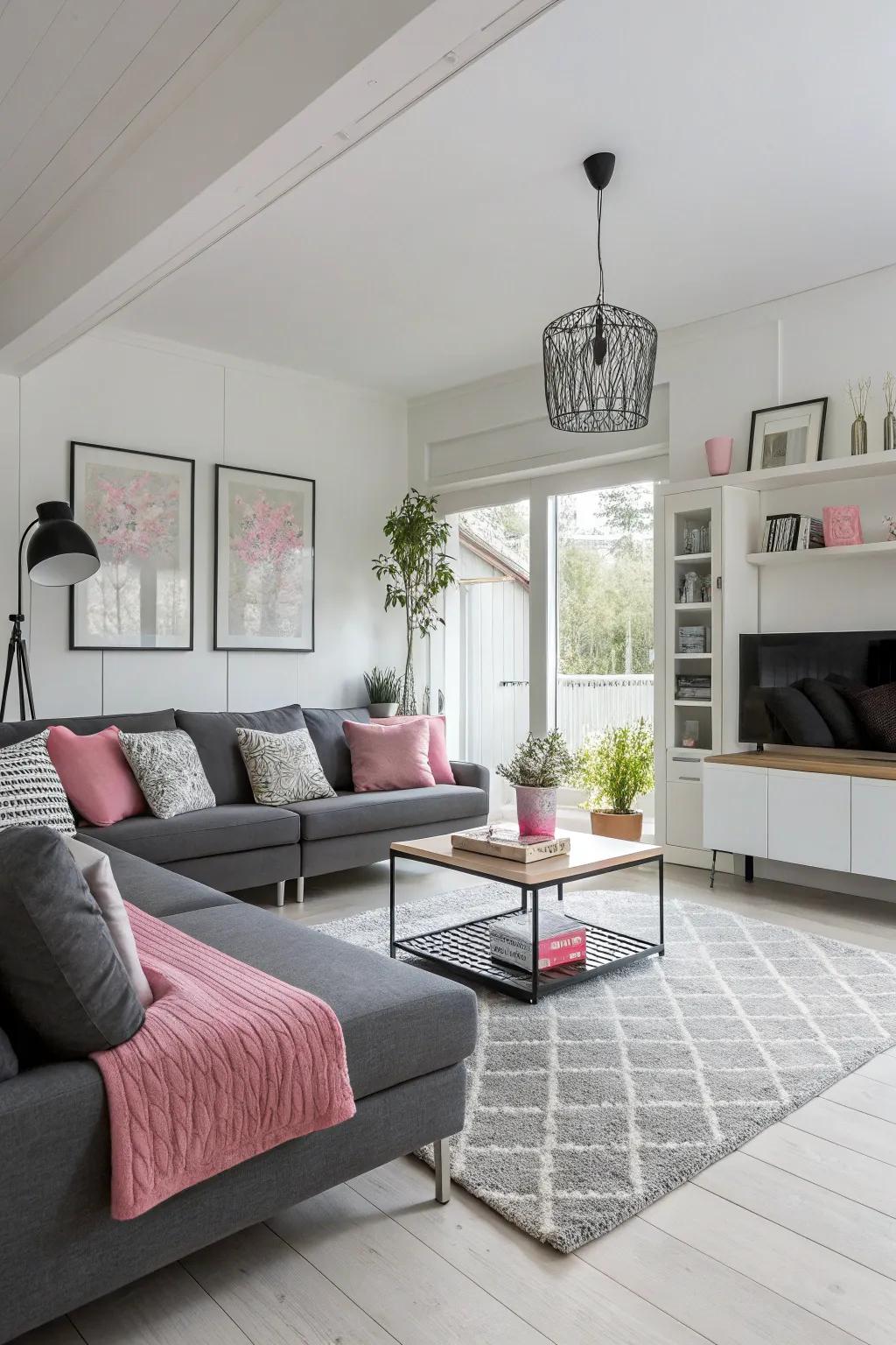 Scandinavian simplicity with pink highlights creates balance and serenity.