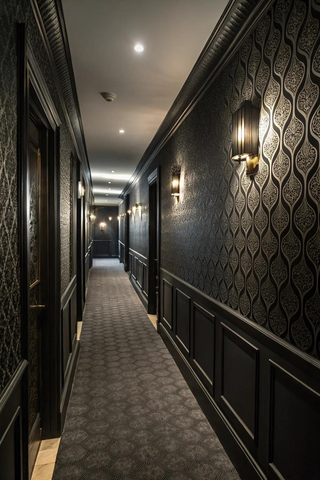 Textured walls add dimension and interest to a black hallway.