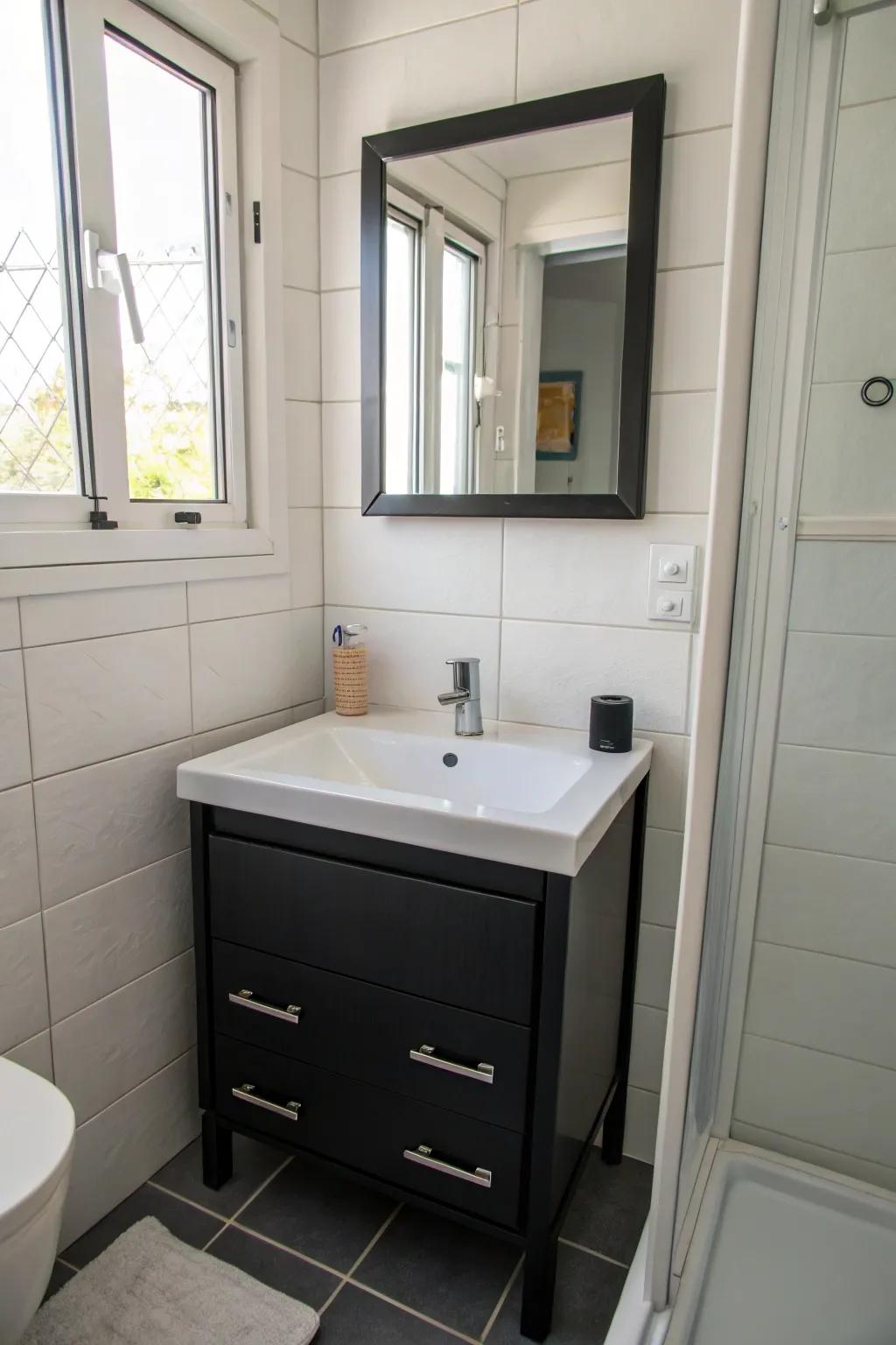 A compact black vanity is the perfect solution for small bathrooms, offering style and efficiency.