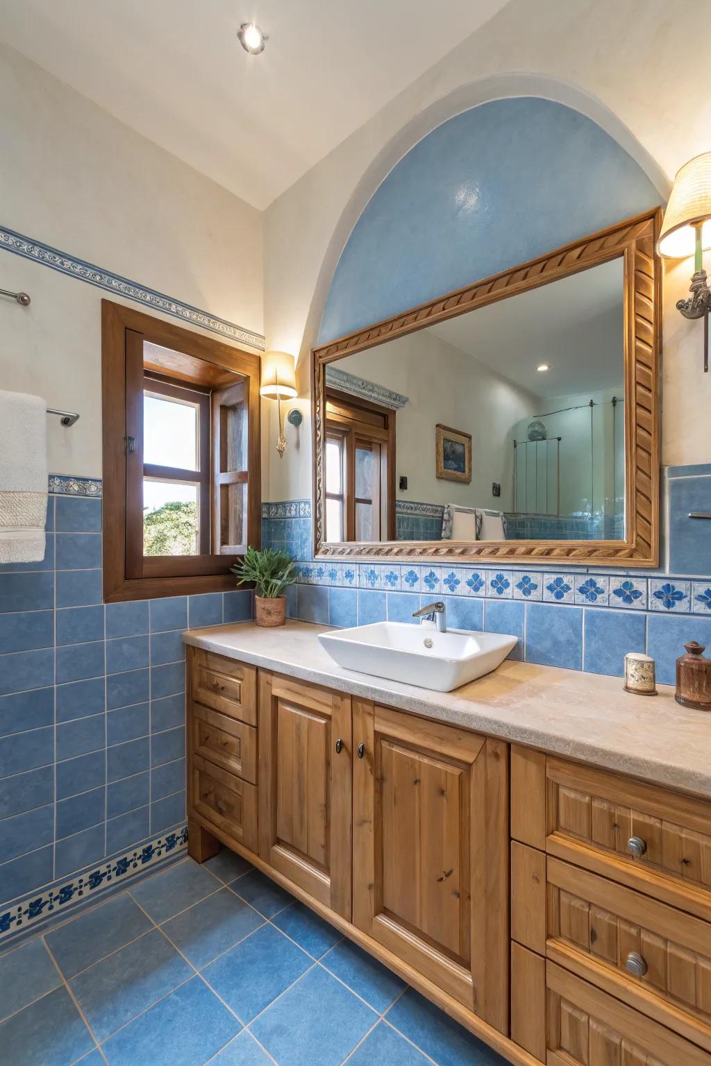 Blue and wood elements create a warm and inviting bathroom.