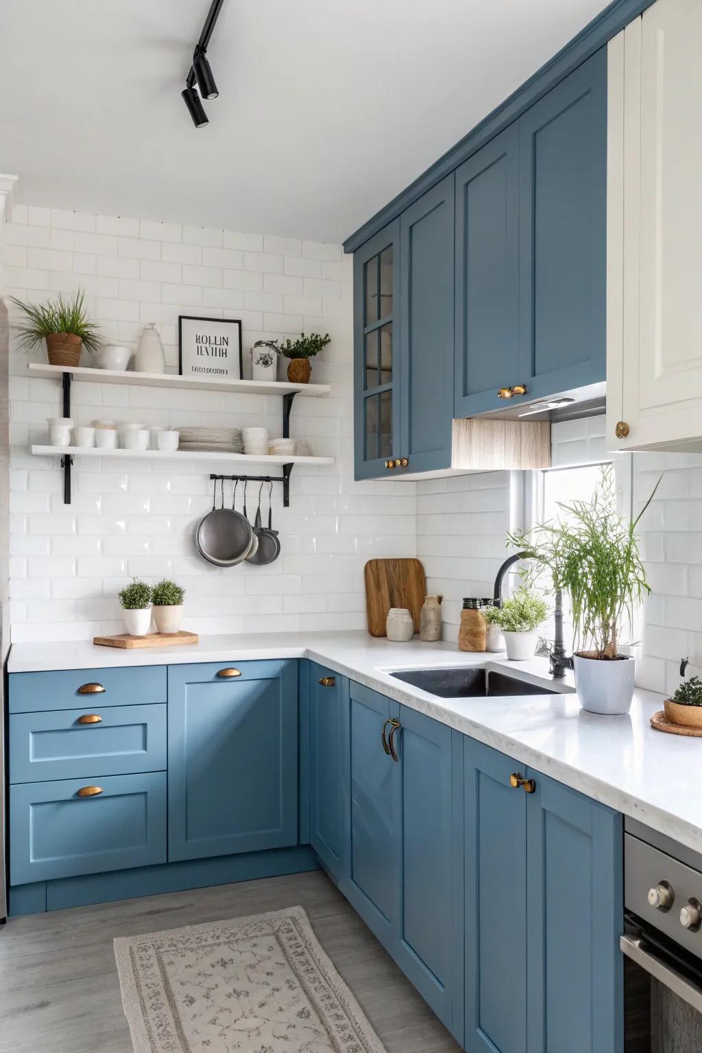 Contrasting countertops make blue cabinets stand out and add visual interest.