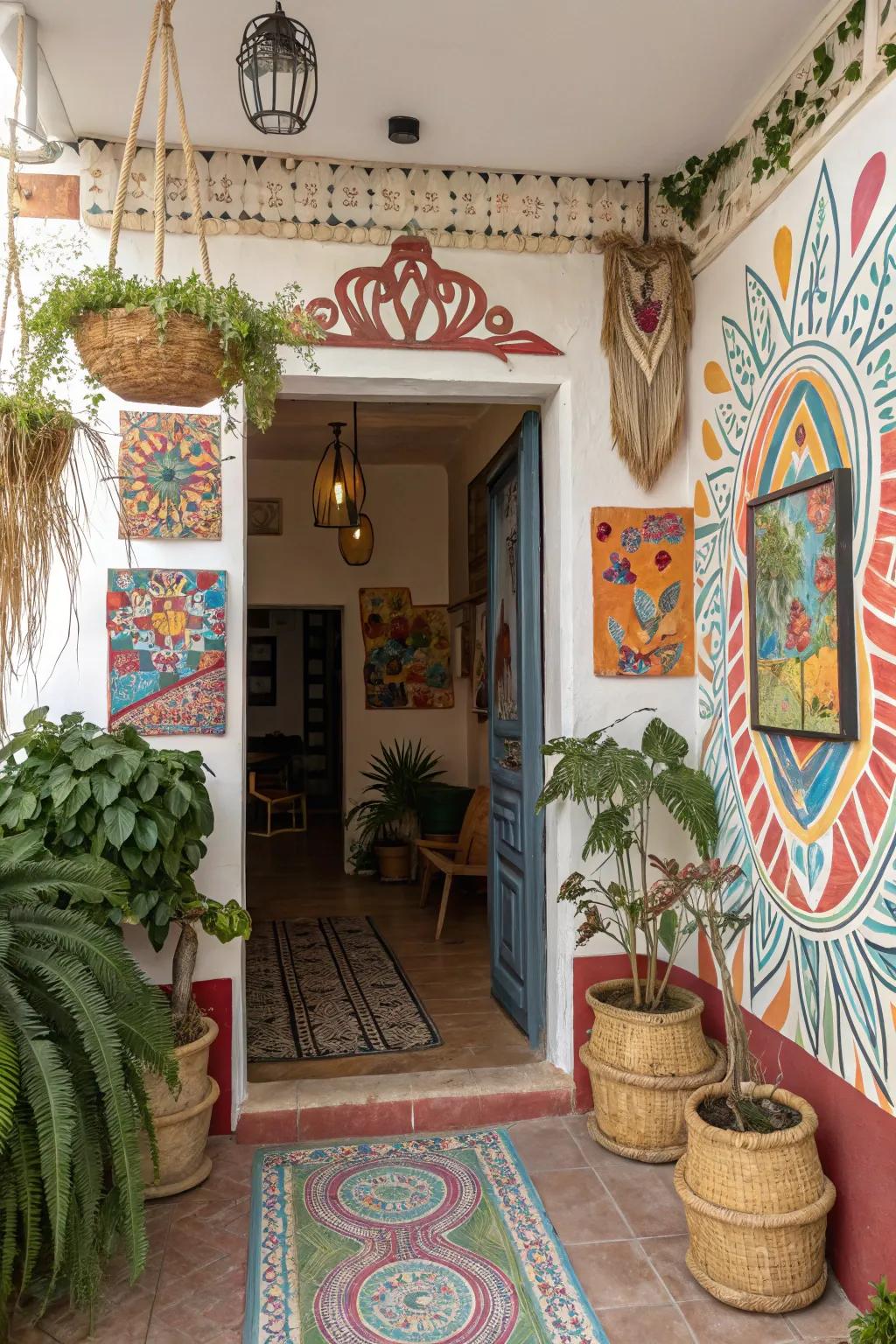 A bold statement wall in a bohemian entryway.