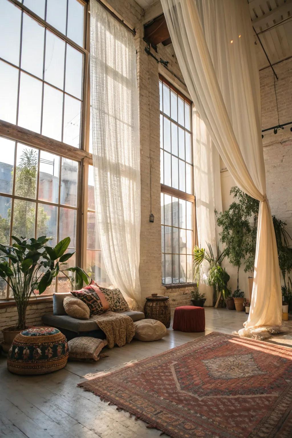 Natural light creates a warm and welcoming boho loft.