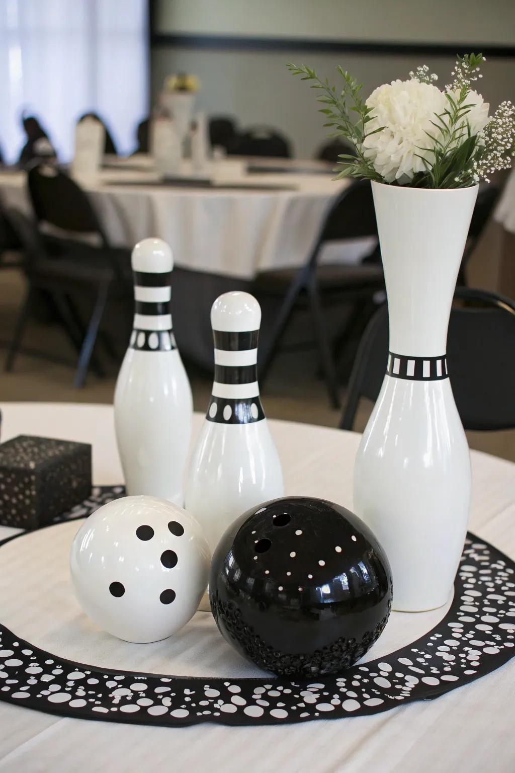 A sophisticated monochrome bowling centerpiece for elegance.