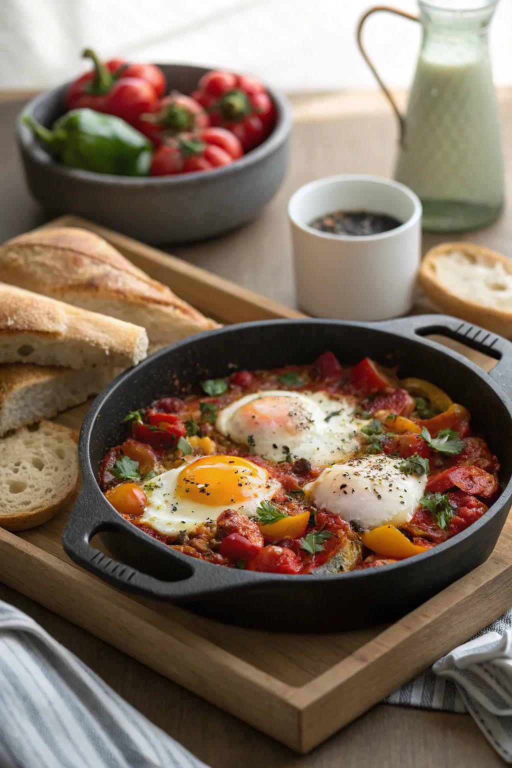 Shakshuka provides a hearty and flavorful breakfast experience.