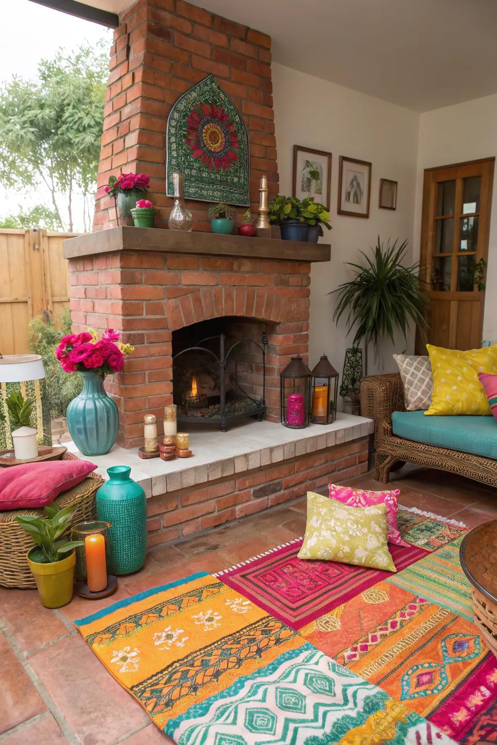 A lively brick hearth surrounded by bright colors for an eclectic look.