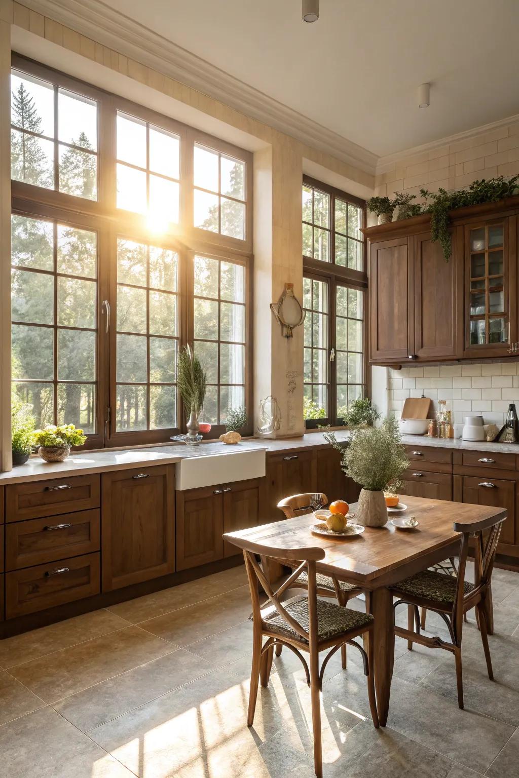 Natural light enhances the beauty of brown shades in the kitchen.