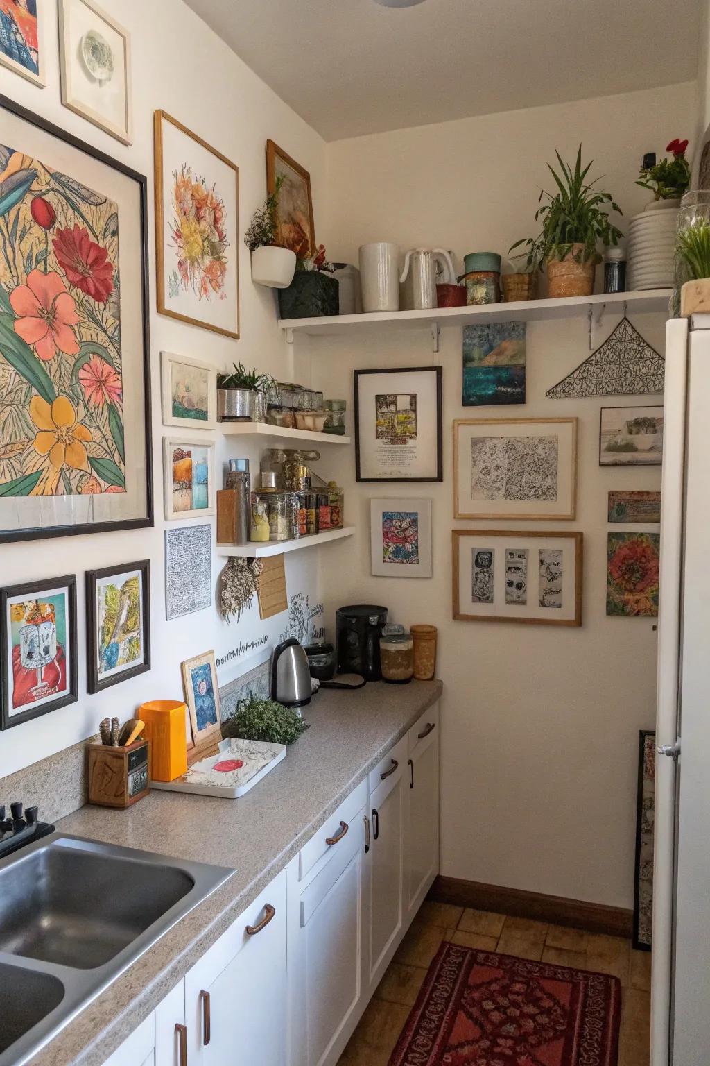 Art adds a personal touch and visual interest to this kitchen.