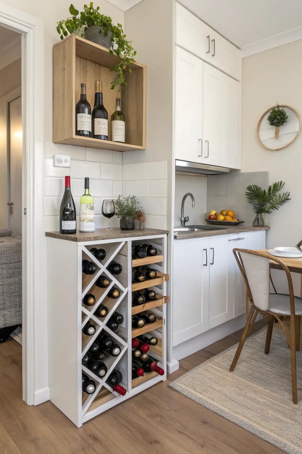 Compact wine racks offer stylish storage solutions for small spaces.