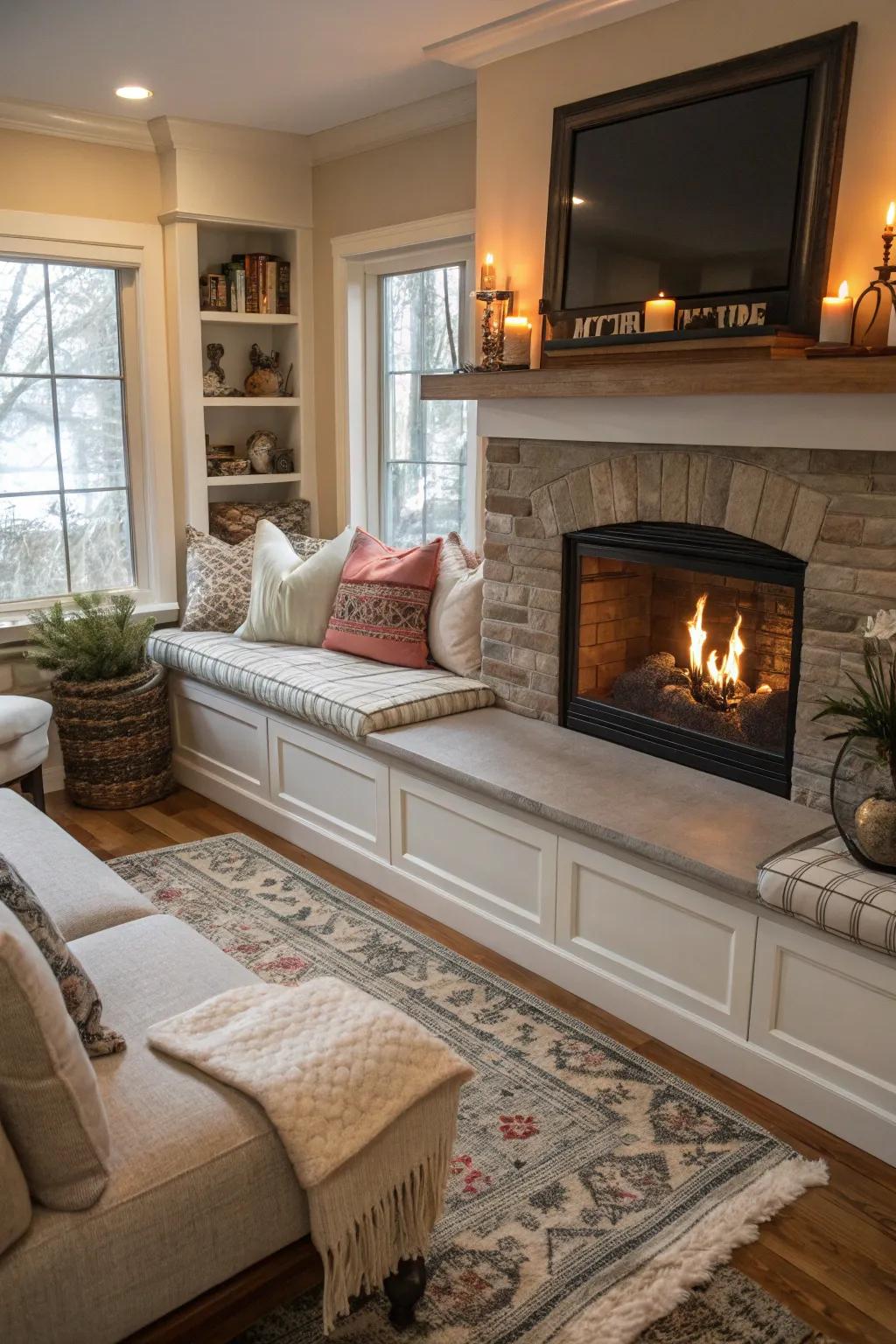 Bench seating around the fireplace offers comfort and style.