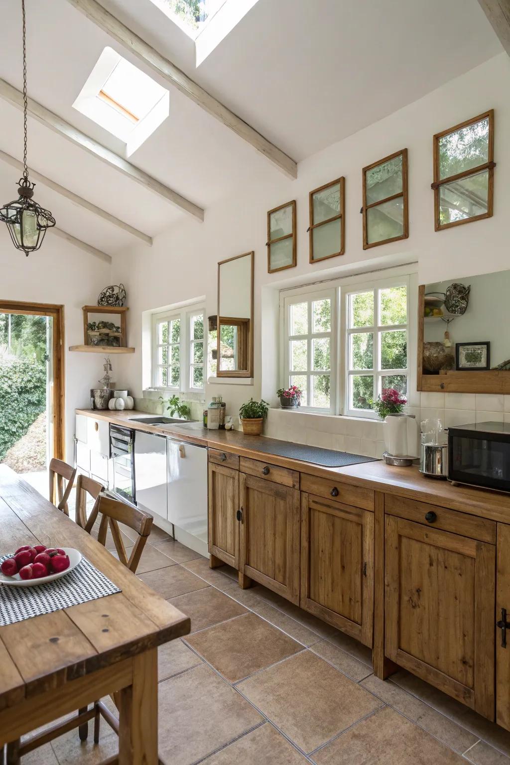 A bungalow kitchen that feels more spacious with the clever use of mirrors.