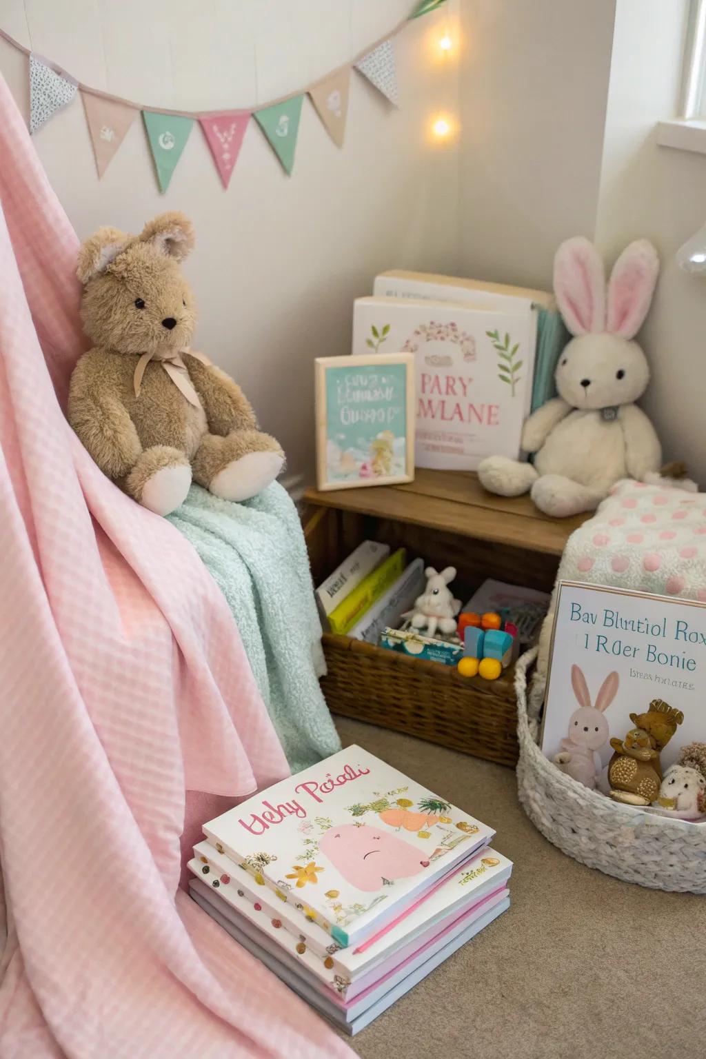 A cozy story corner with bunny-themed books and plush toys.