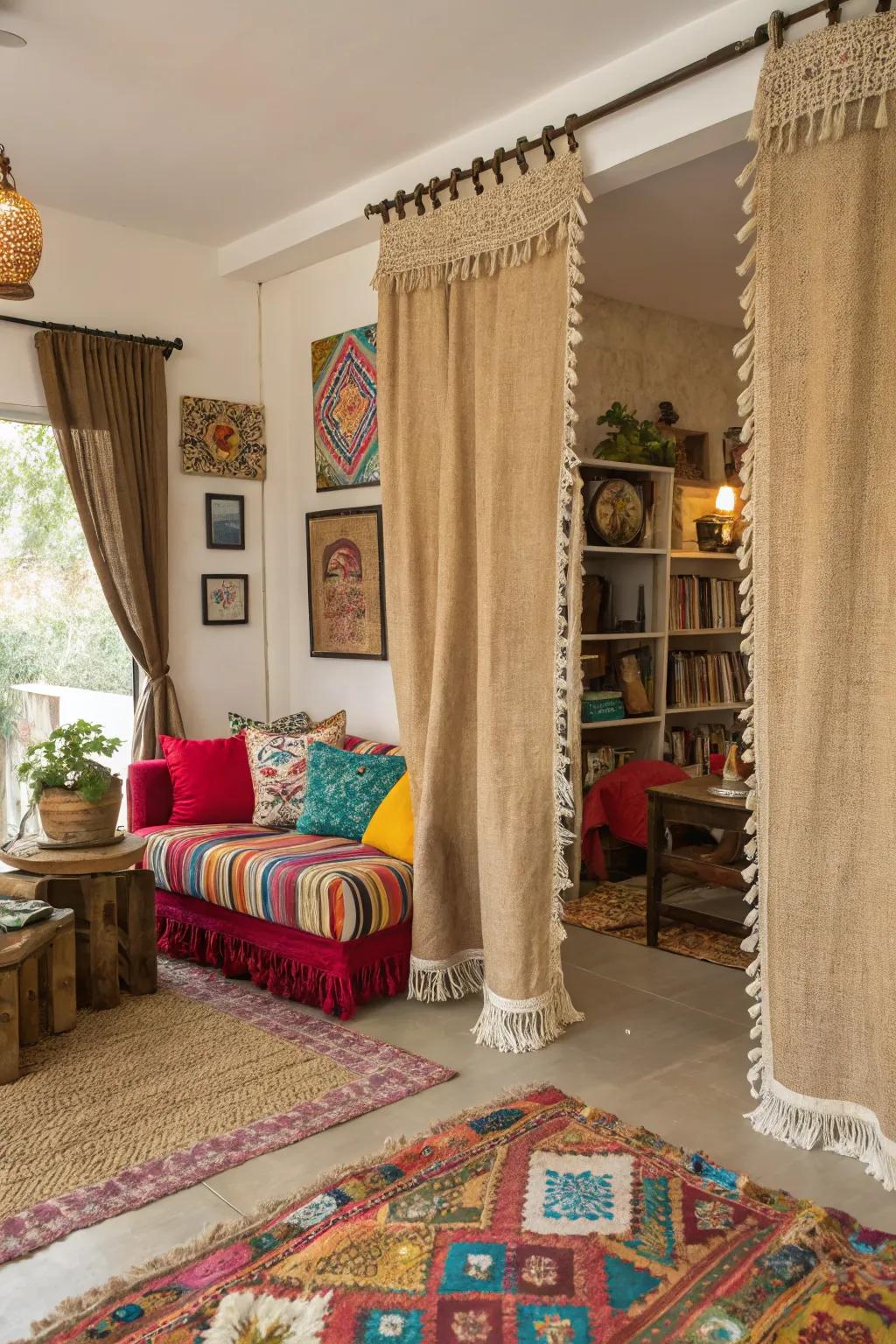 Playful texture with fringe-edged burlap curtains.