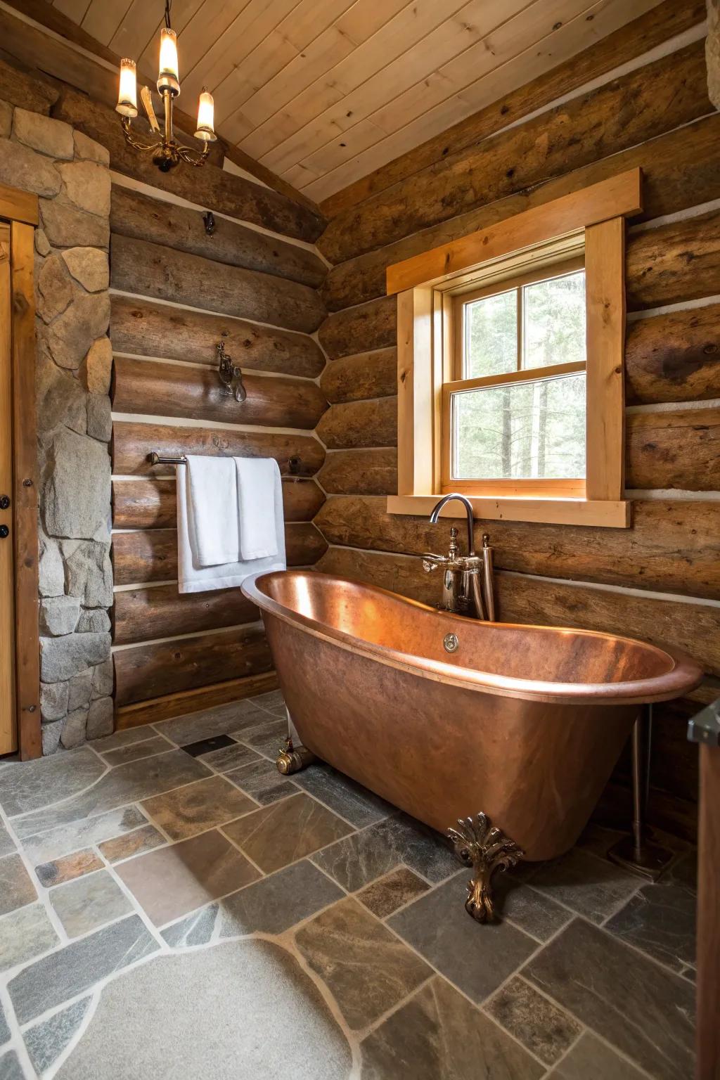 A cabin bathroom with a copper lined clawfoot tub as a focal point.