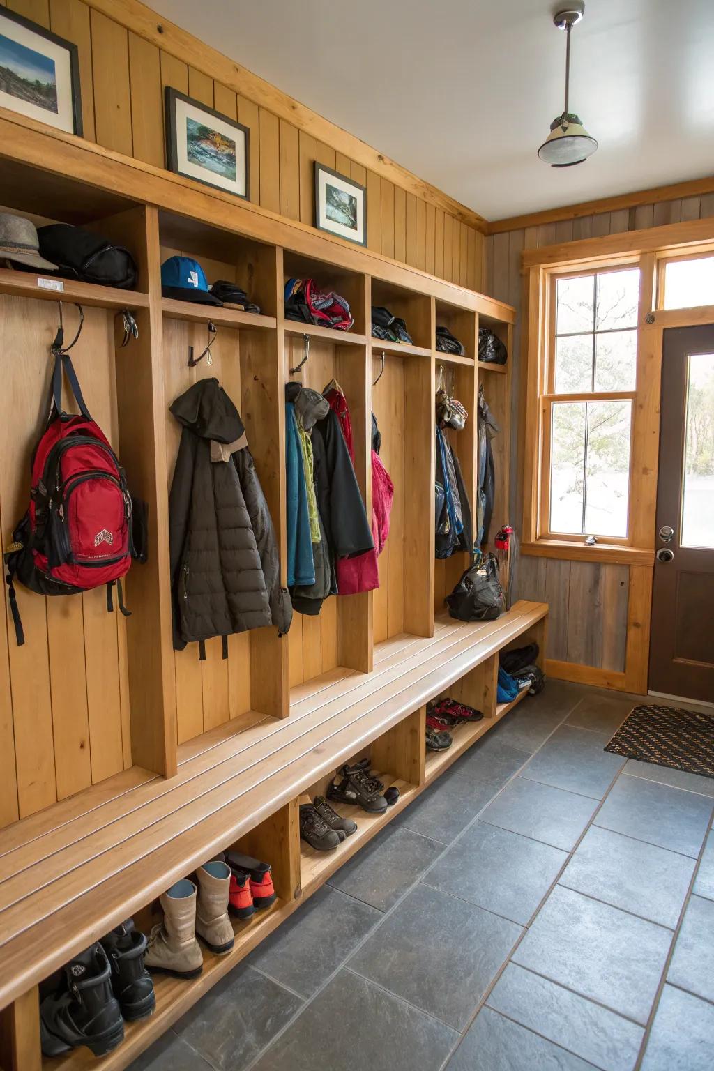 A practical mudroom keeps the cabin tidy and organized.