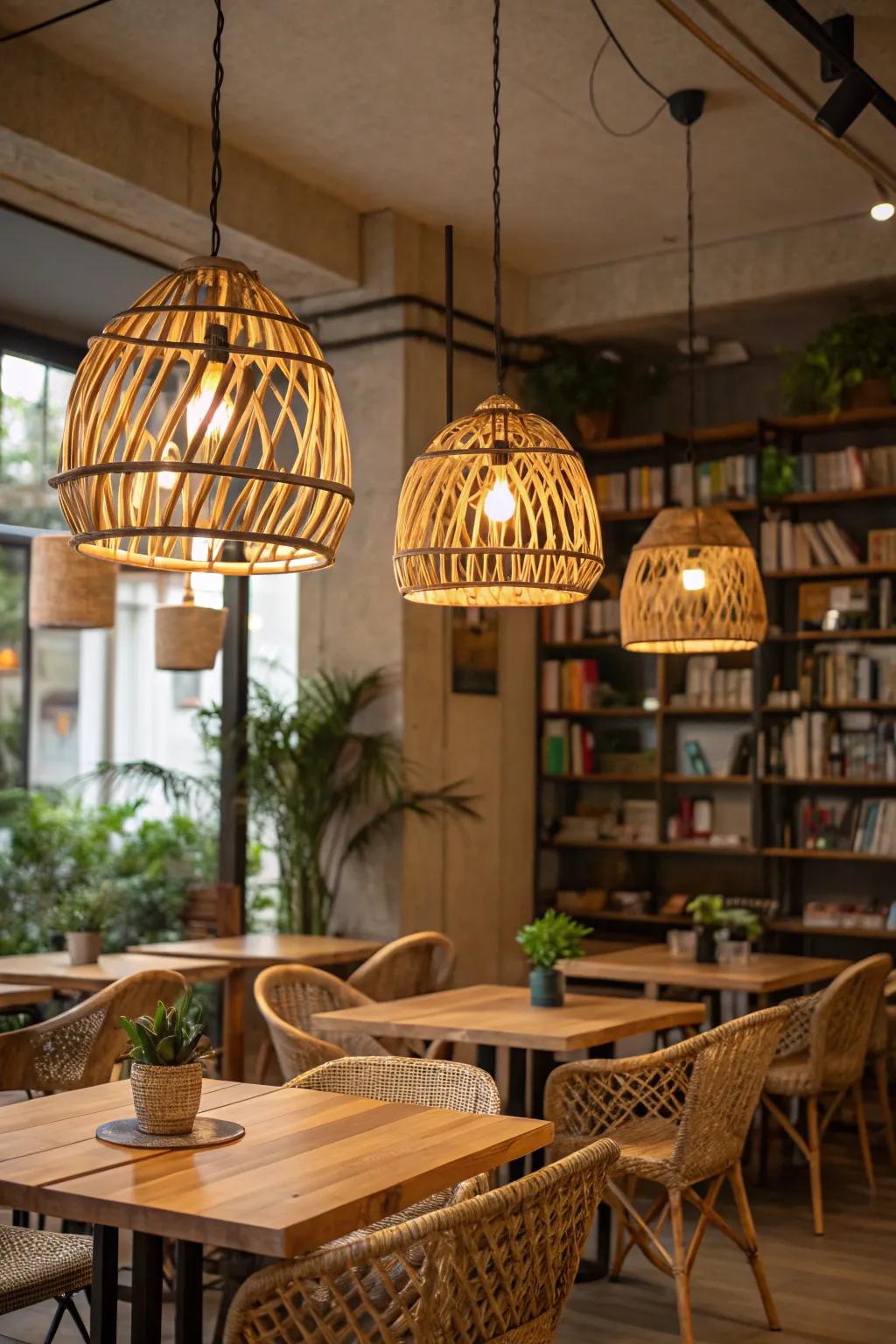 Natural material light fixtures, such as bamboo, add warmth and style to a cafe.