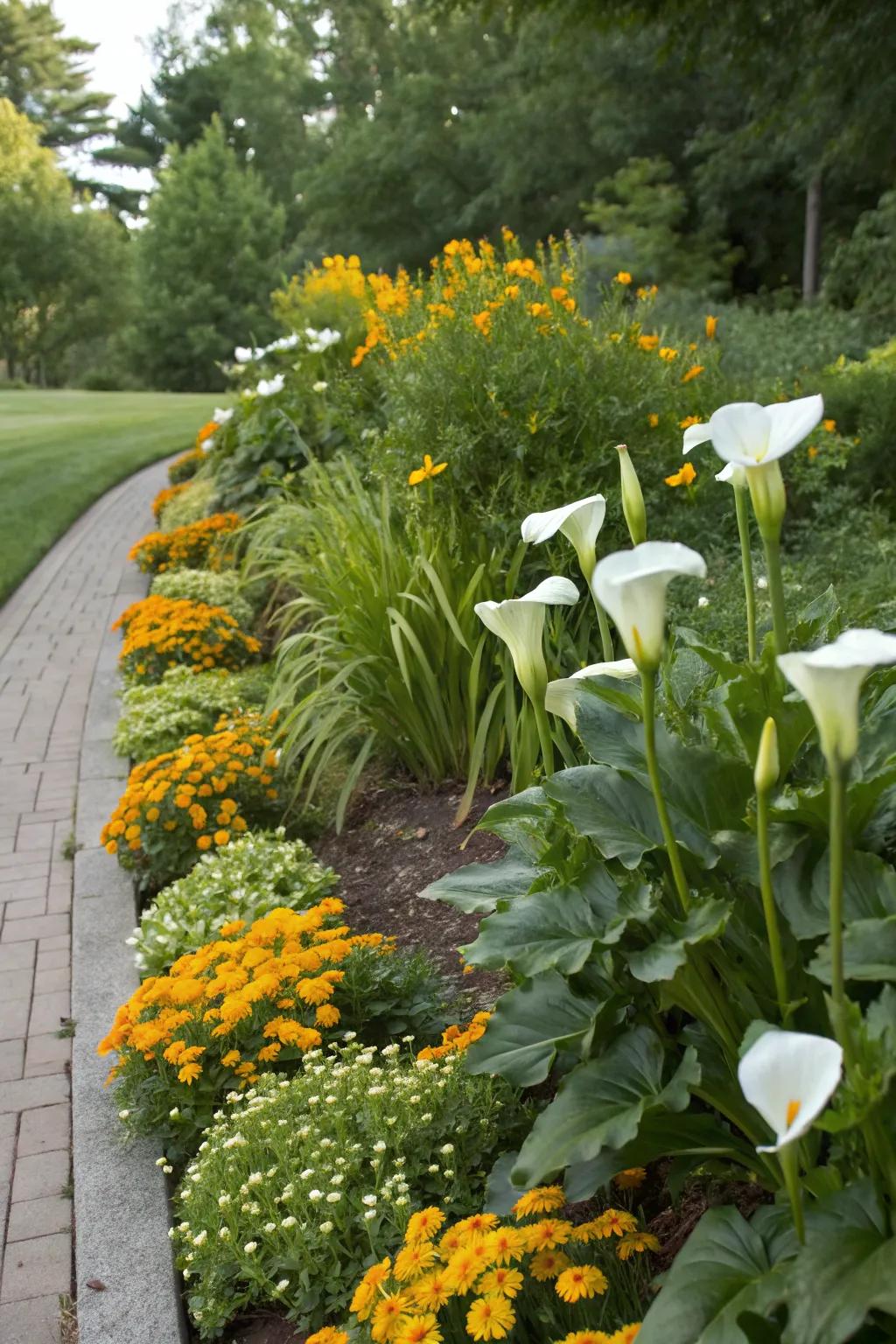 Companion planting with calla lilies for a vibrant border.