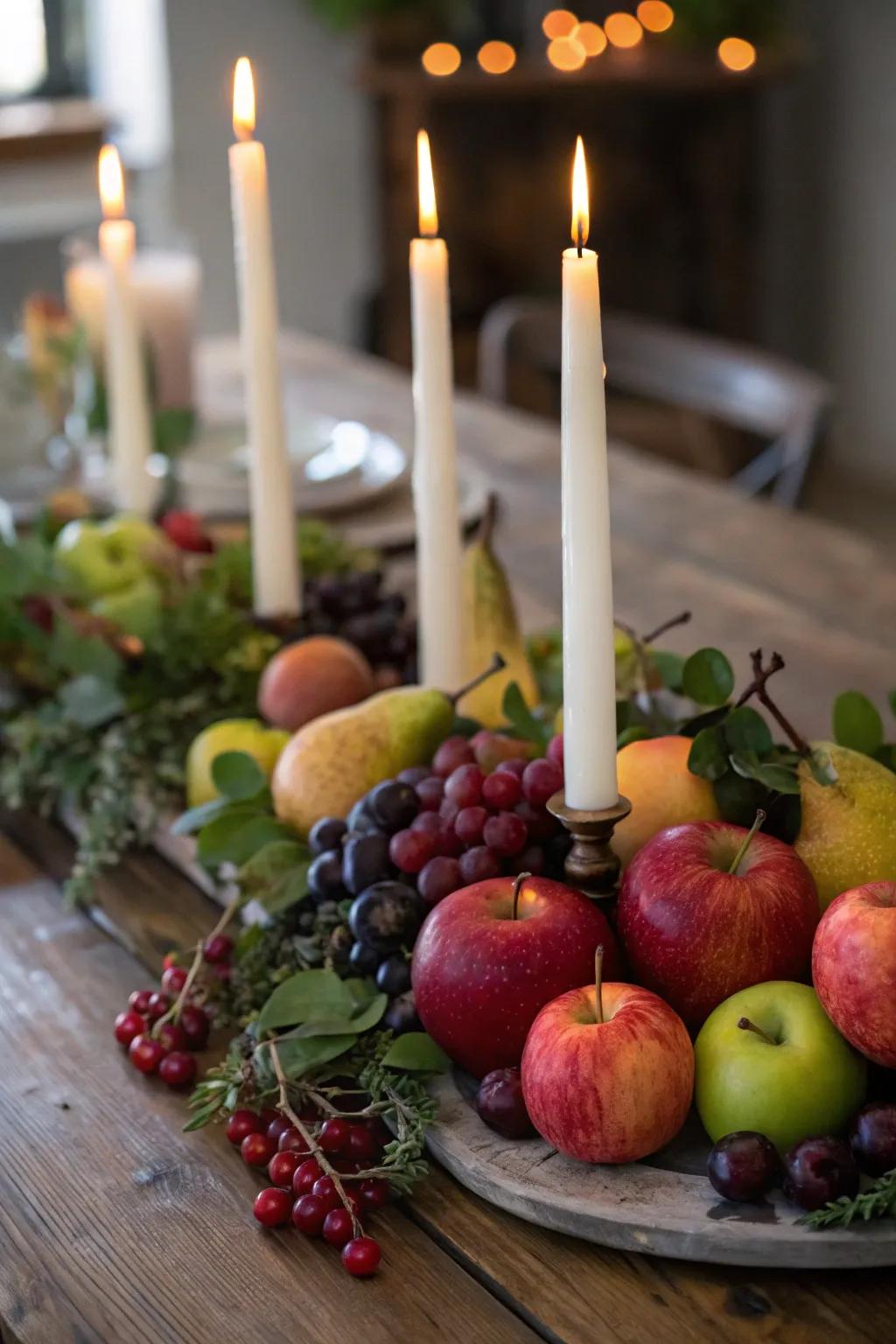A vibrant centerpiece combining candles and seasonal fruits.