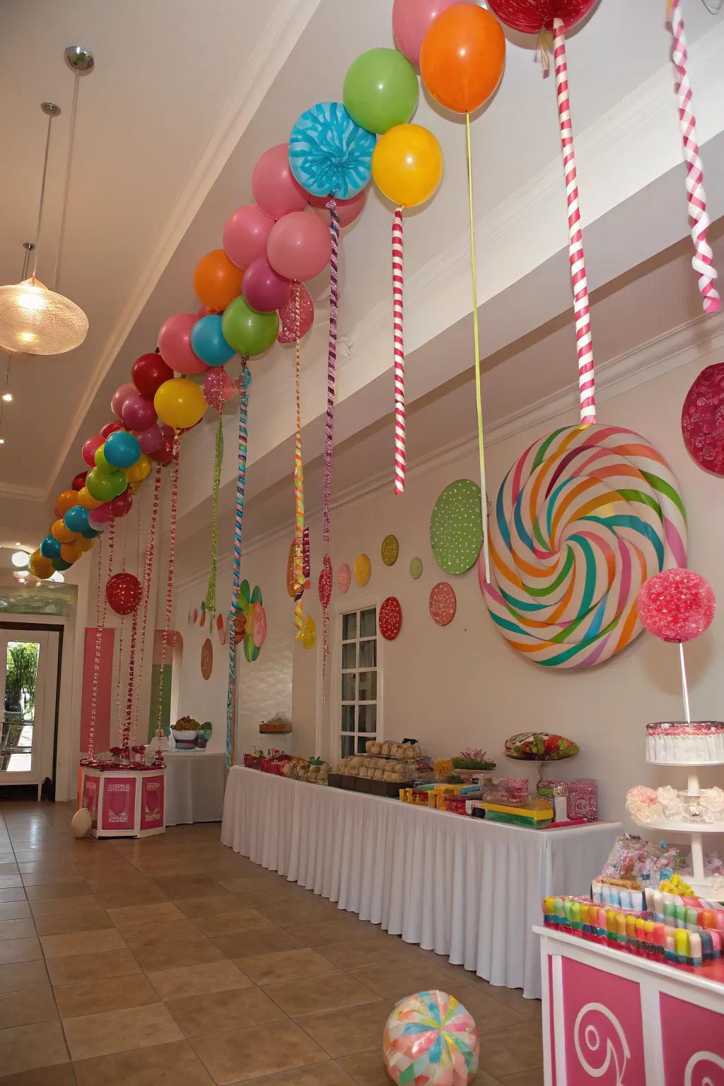 Ceiling decorations add a whimsical touch to the candyland theme.