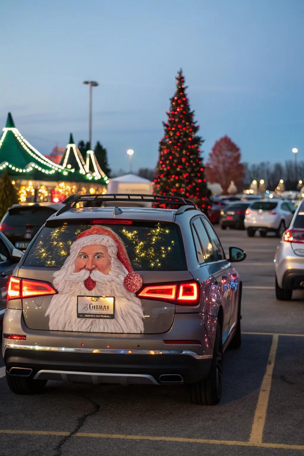 A humorous Santa face on a car, bringing smiles and holiday cheer.