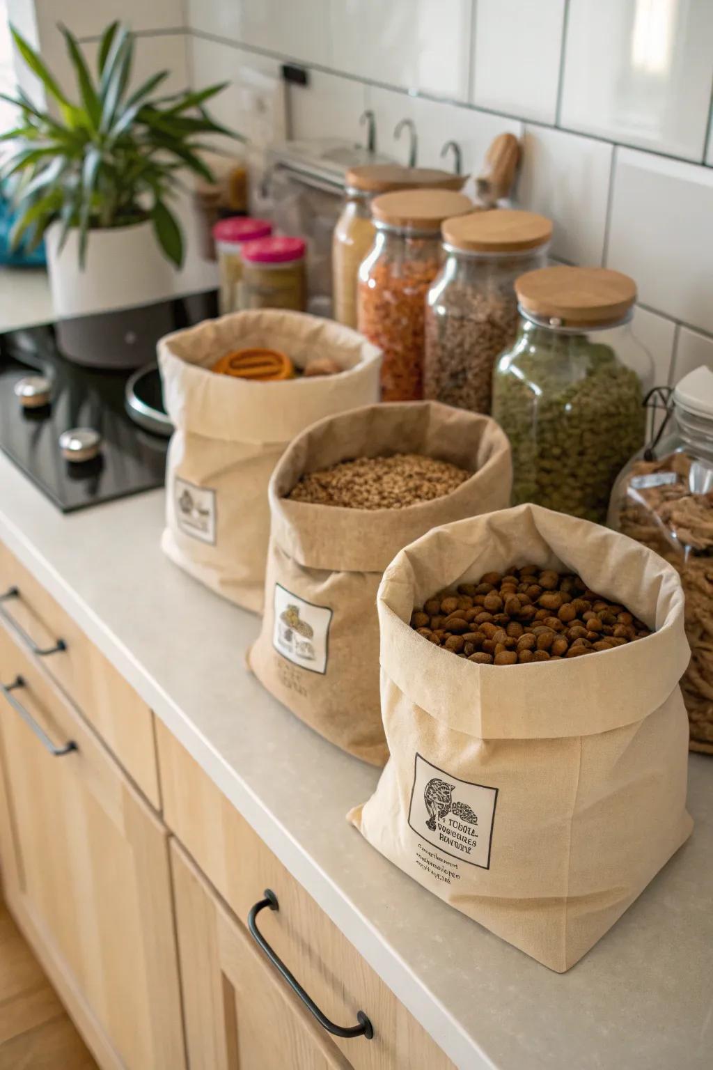 Eco-friendly storage bags used for sustainable cat food storage.