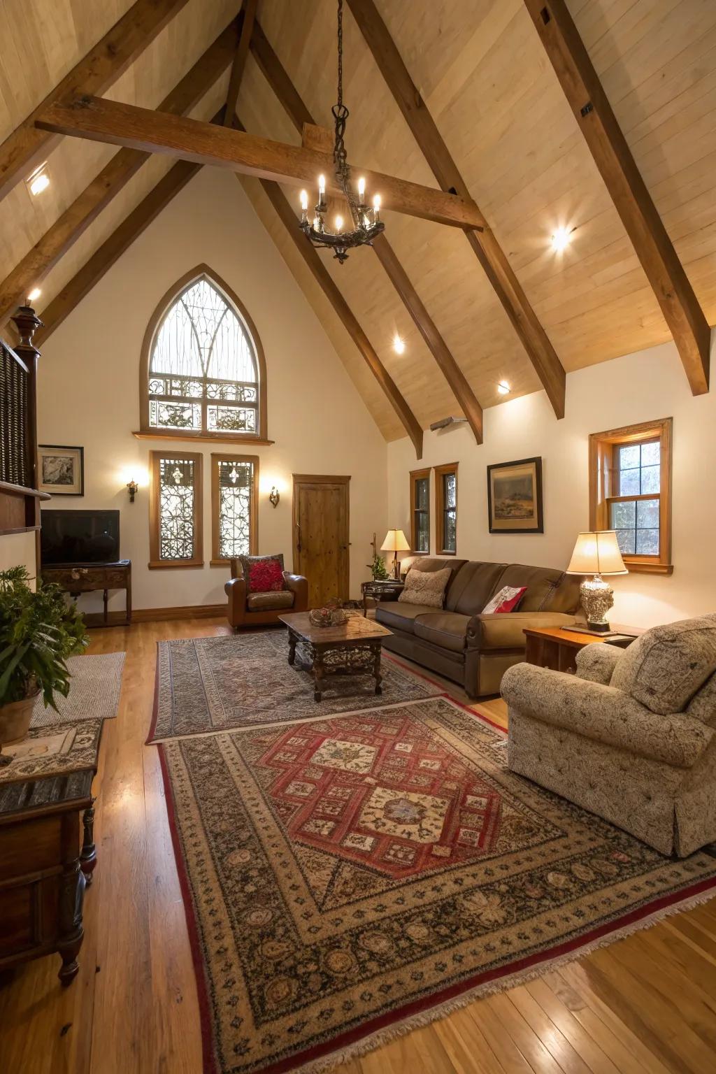 Layered rugs add warmth and texture to the room.