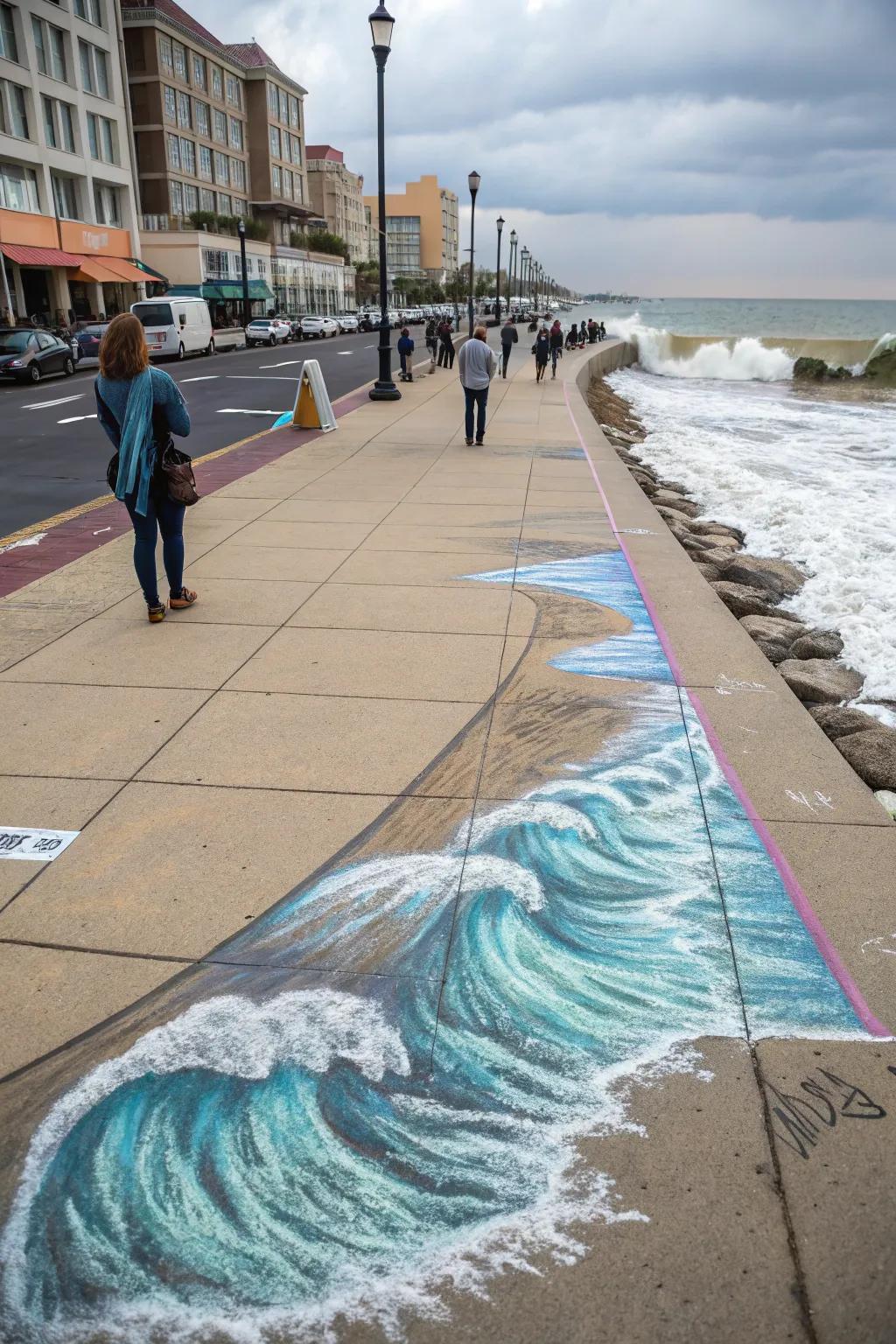 A calming beach scene with rolling waves drawn in chalk.