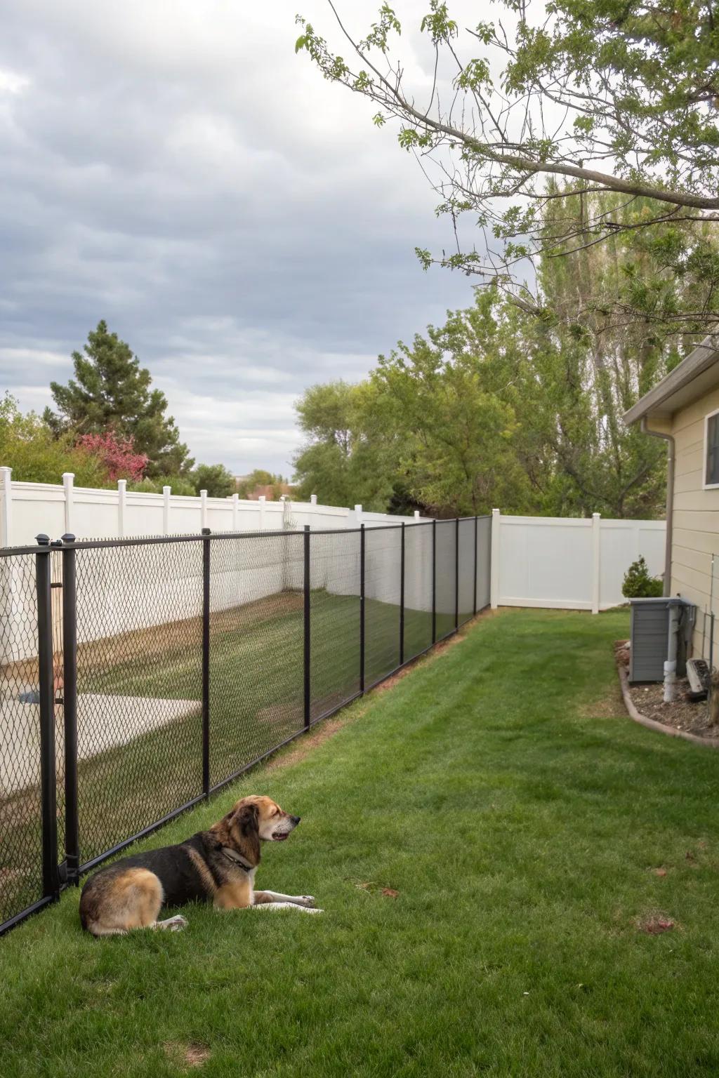 Vinyl mesh fencing offers durability and weather resistance for dog containment.