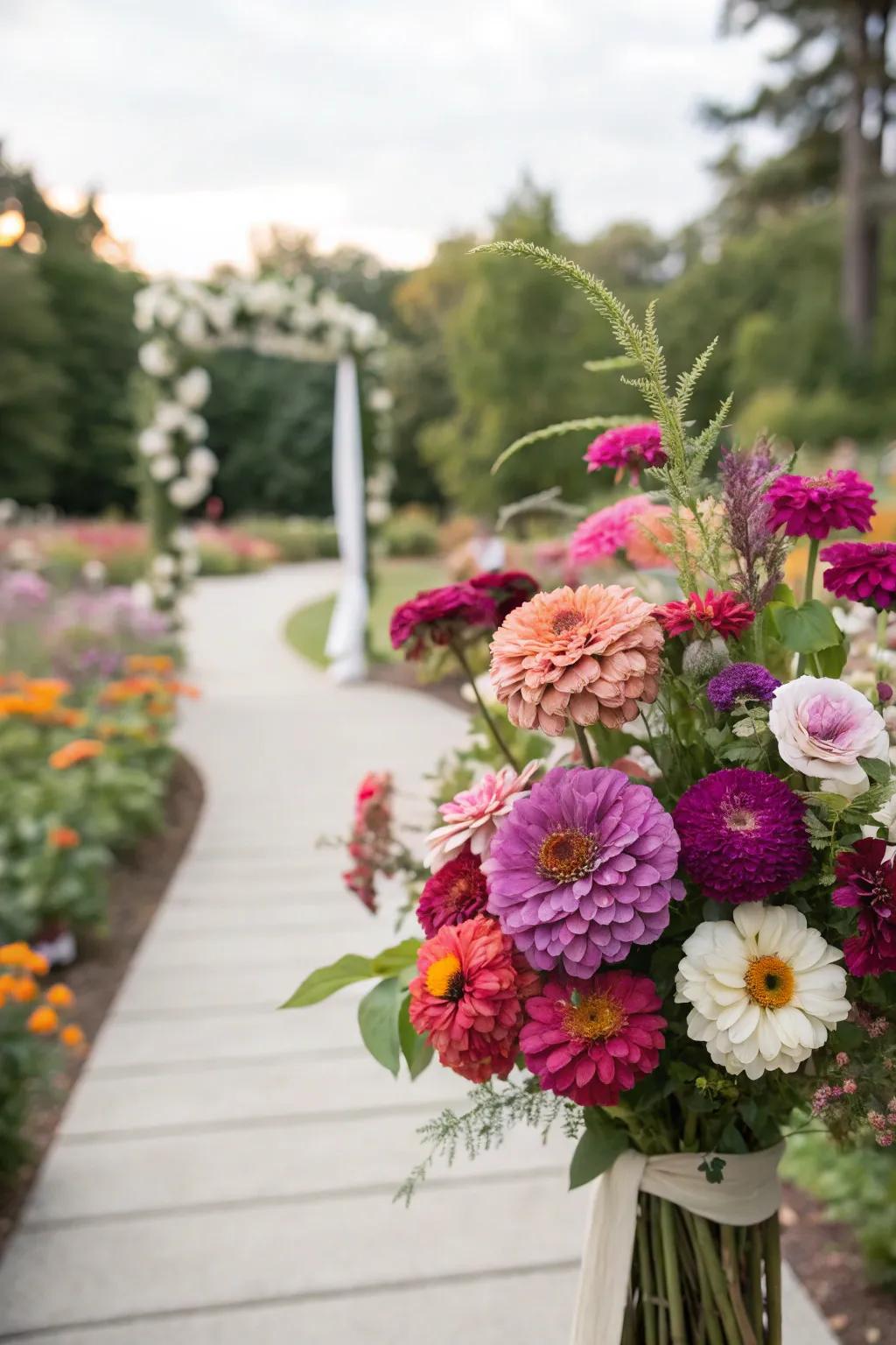 Colorful zinnias adding an affordable pop of color to wedding arrangements.