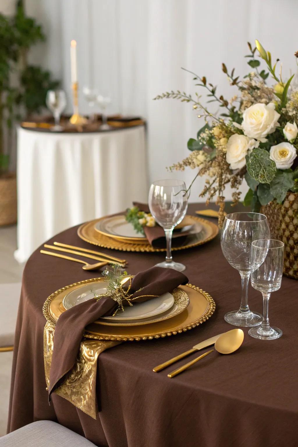 A refined chocolate-themed table setting for a special gathering.