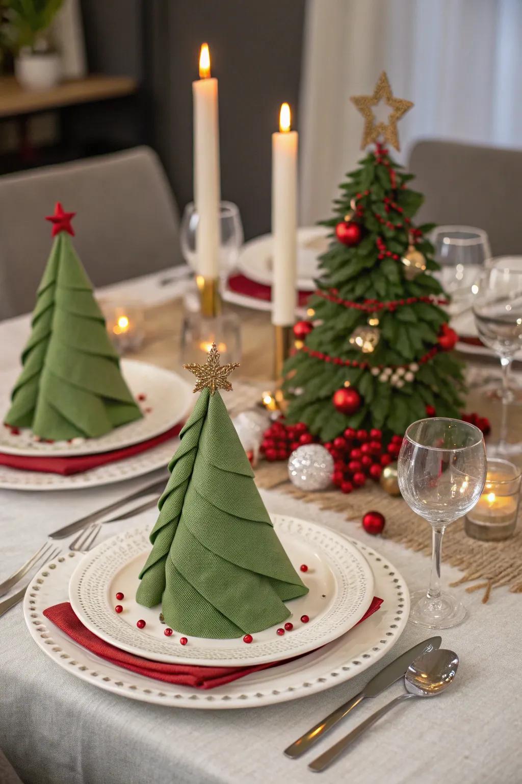 Napkins folded as Christmas trees bring festive cheer.