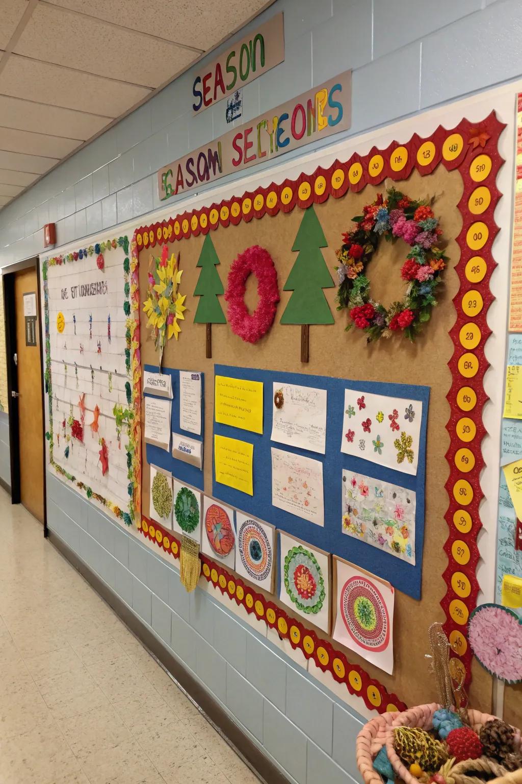 A bulletin board adorned with seasonal craft project results.