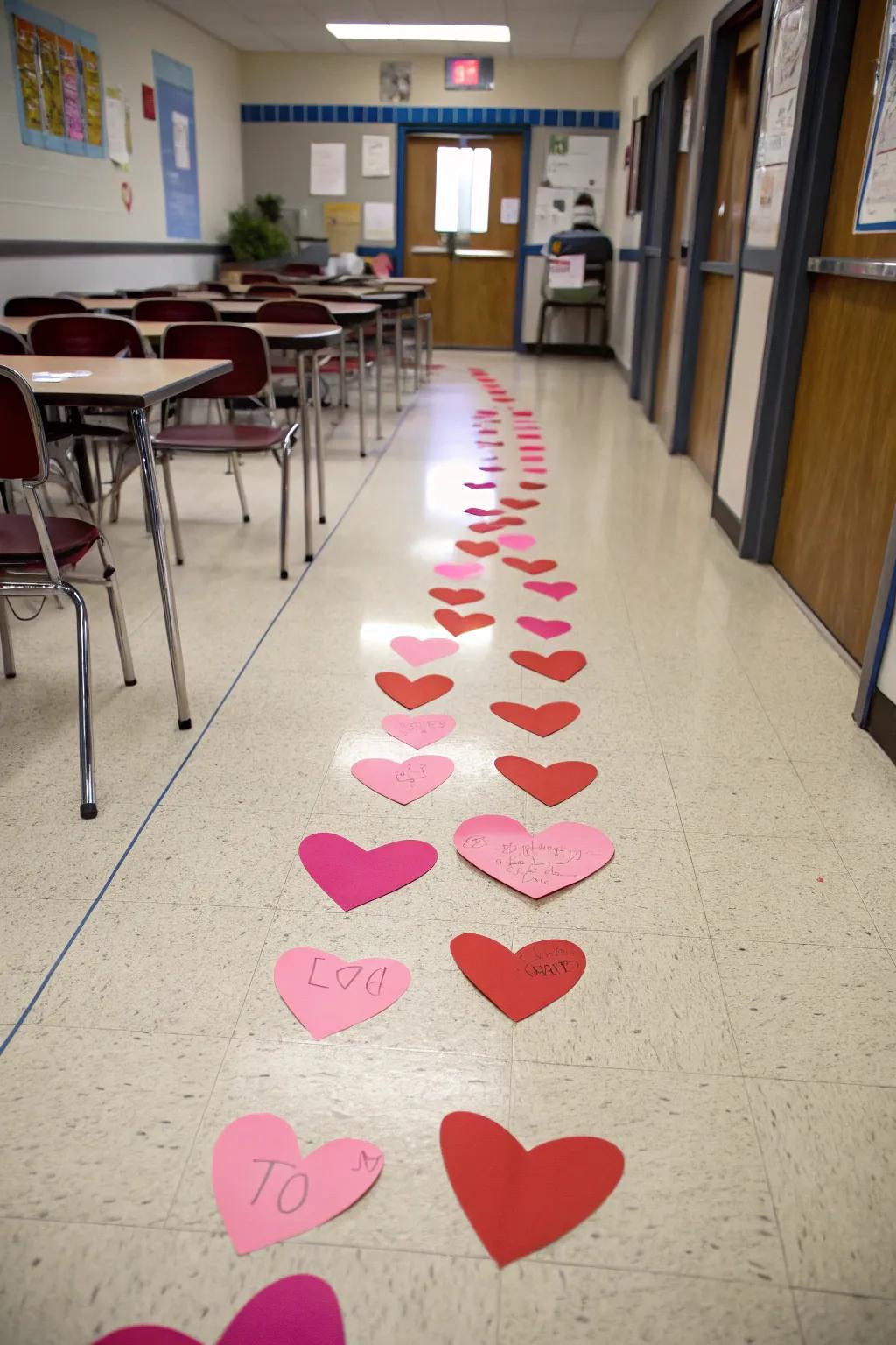 Heart pathway guiding students through the classroom.