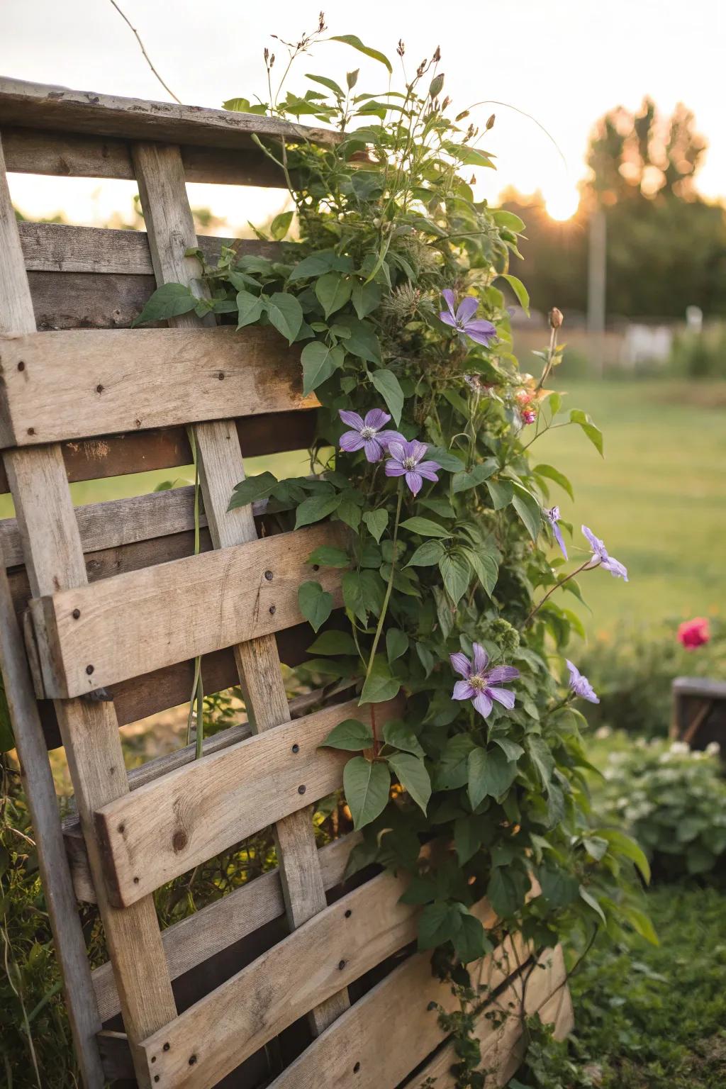 A pallet trellis offers an eco-friendly, rustic support for clematis.