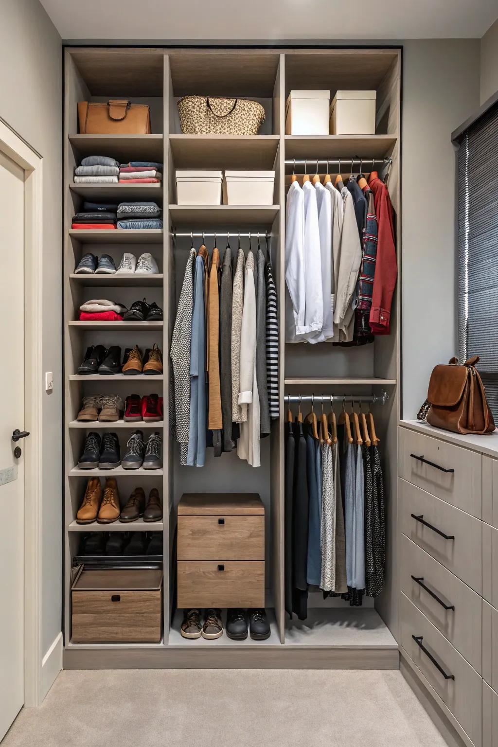 Vertical space utilization maximizes storage in your closet.