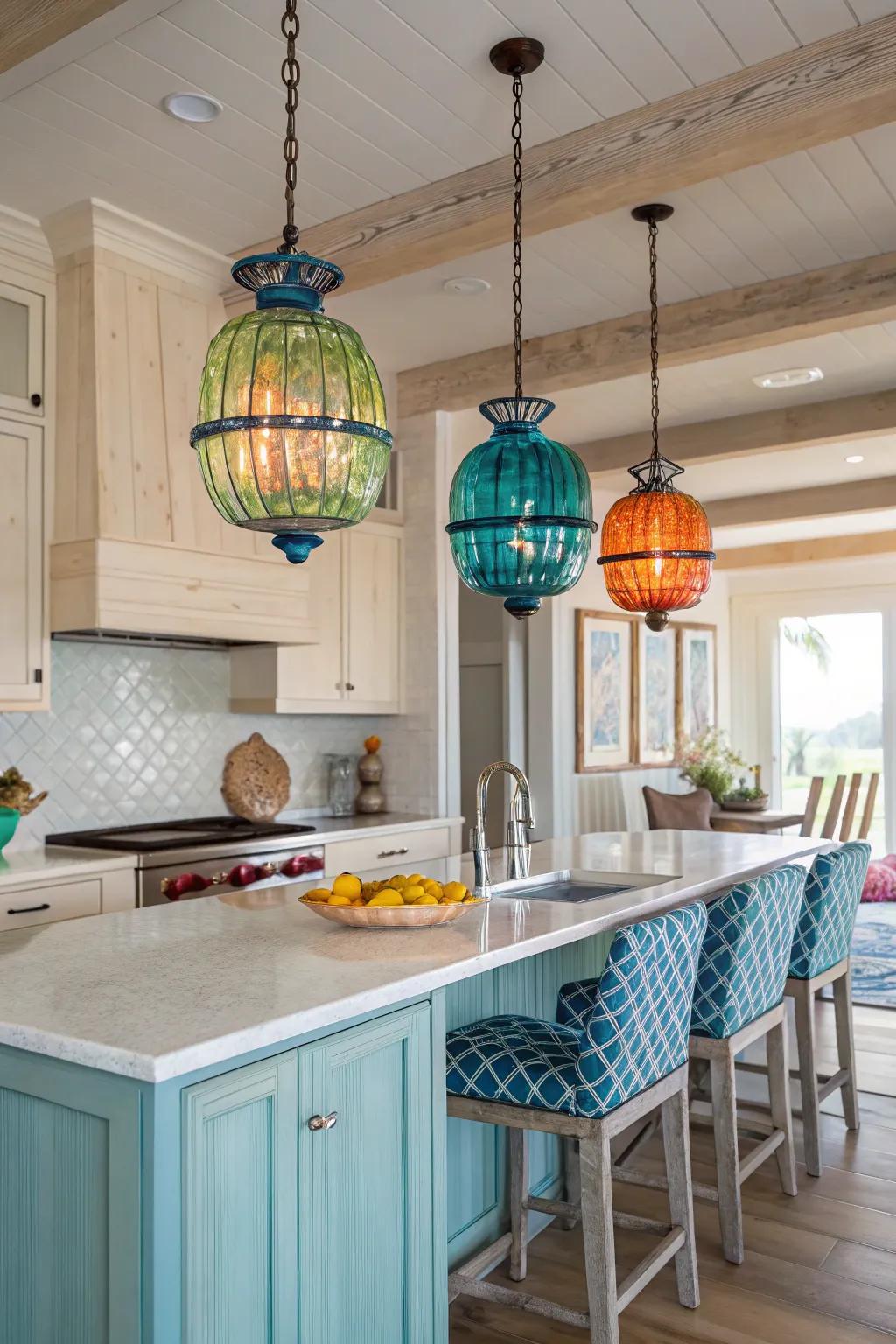 Colorful glass pendants add a playful pop to your coastal kitchen.