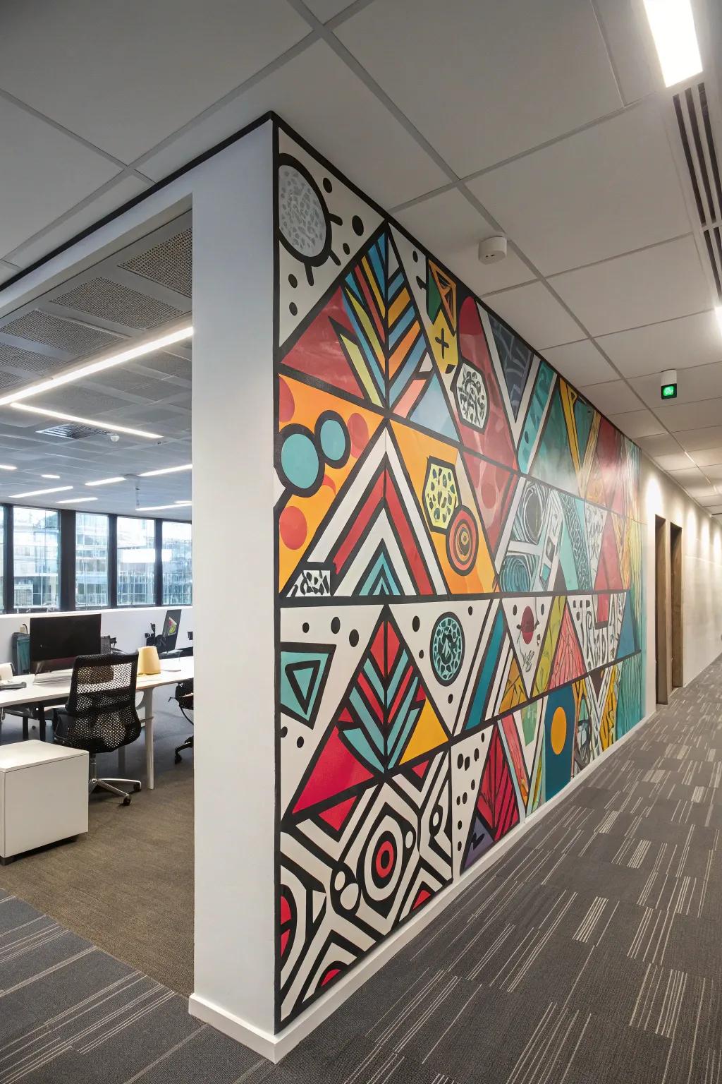 A modern office wall adorned with geometric graffiti patterns.