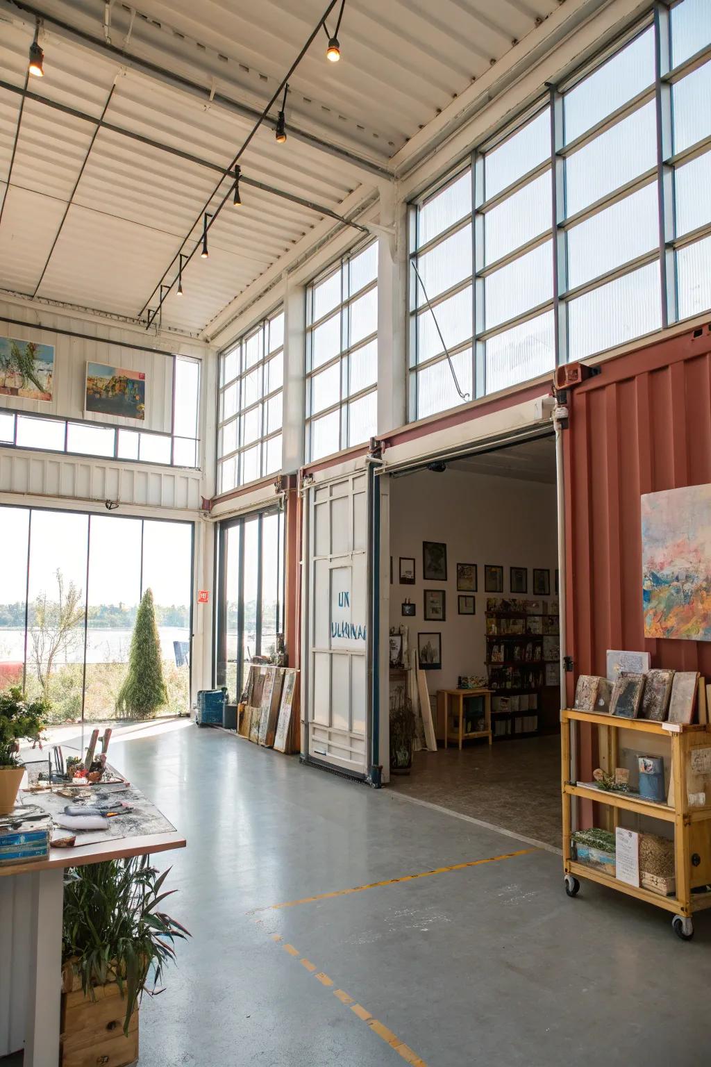 A shipping container transformed into a bright and inspiring art studio.