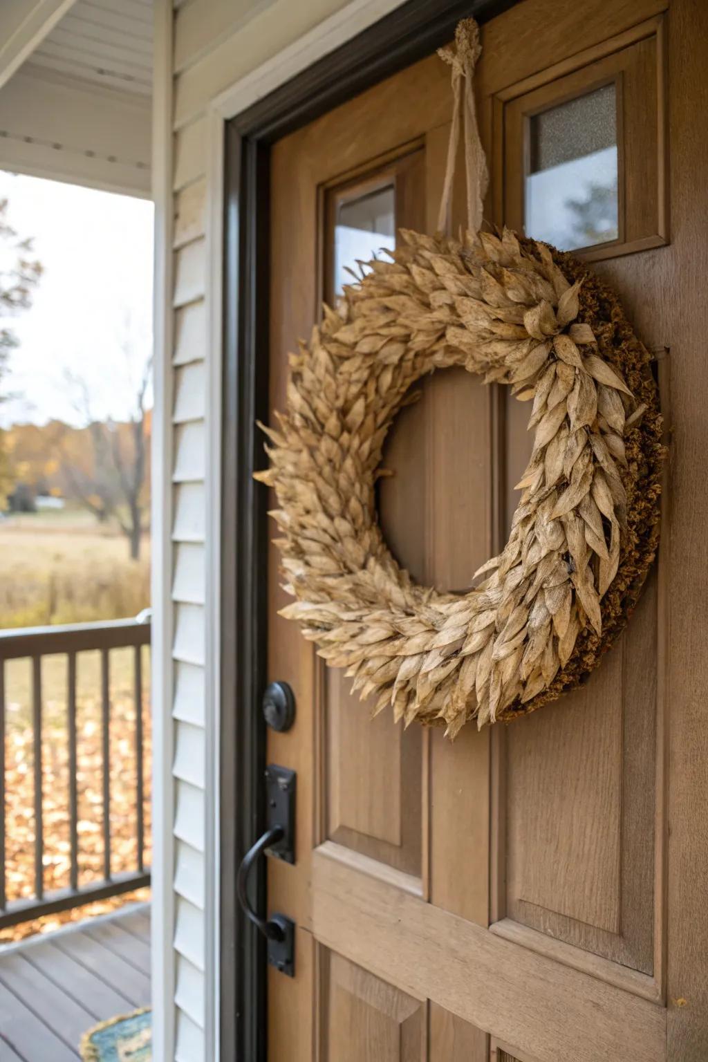 A textured cornhusk wreath with rich depth.