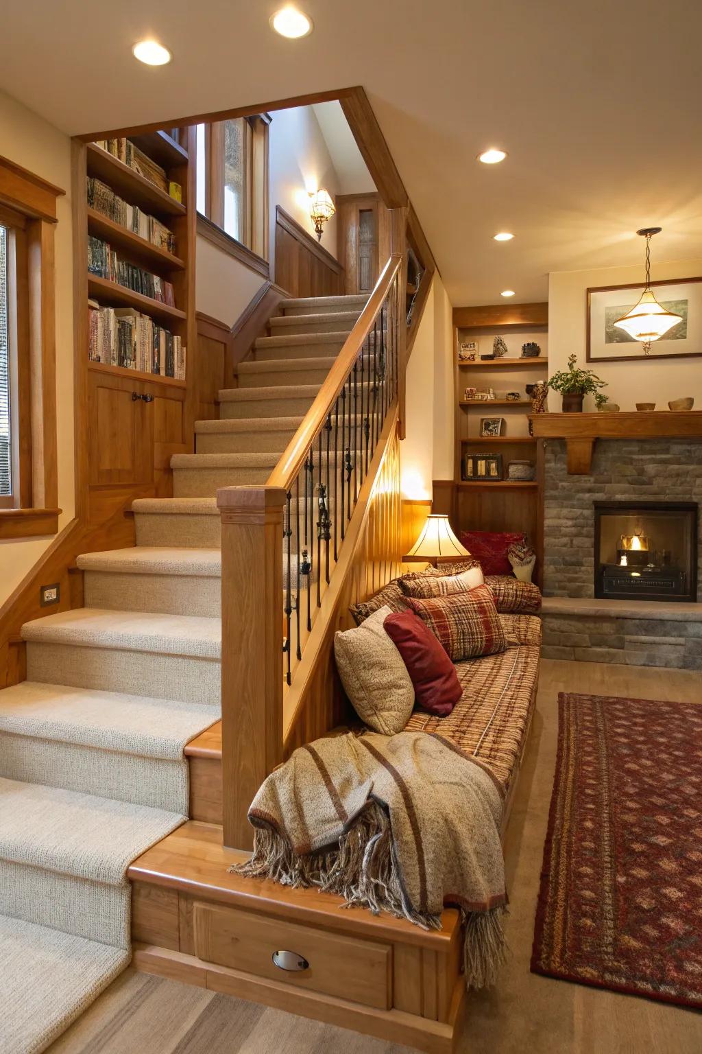 Built-in seating offers comfort and utility along stairs.