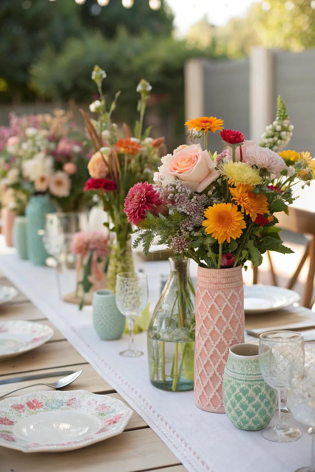 A wedding table featuring clustered mismatched vases filled with vibrant flowers.