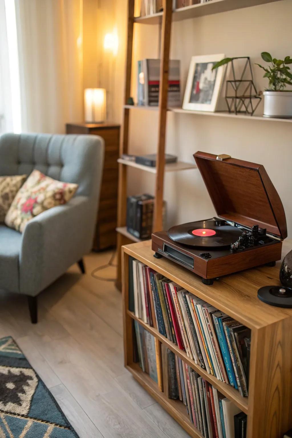 A vintage record player adds charm and a personal touch to your room.