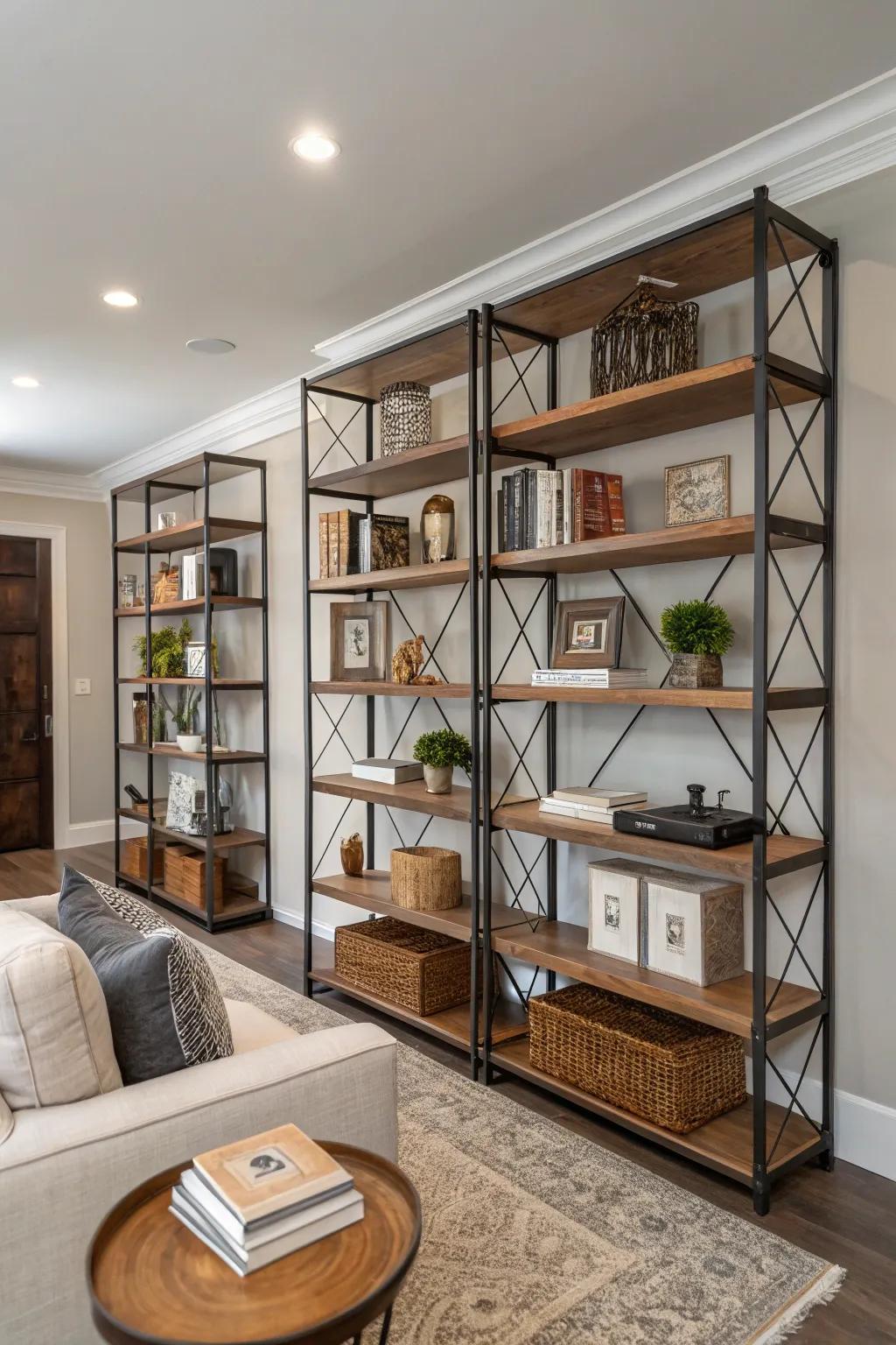 Mixed material bookshelves add texture and interest to any room.