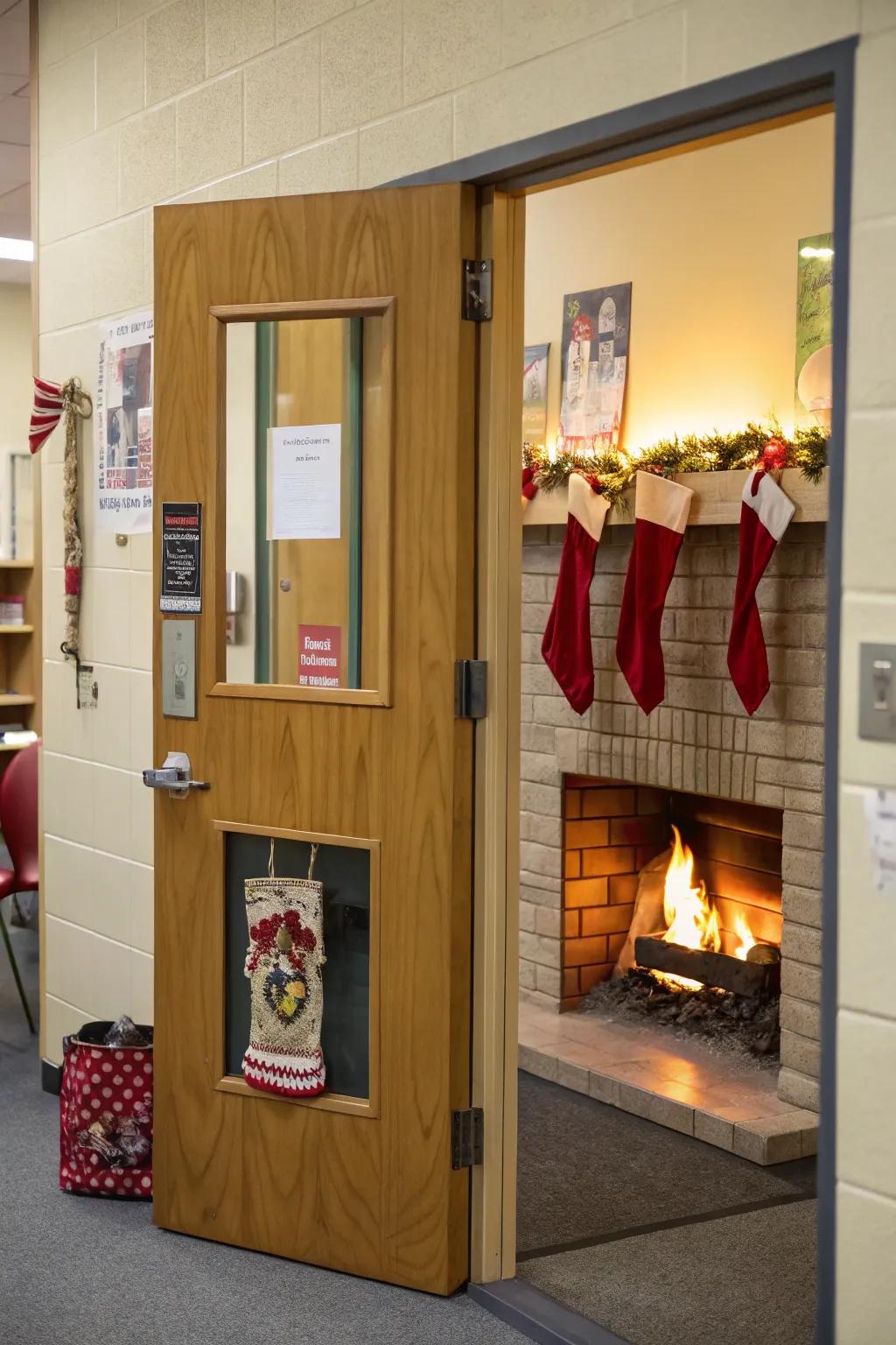 A classroom door featuring a warm and inviting fireplace scene, perfect for winter.