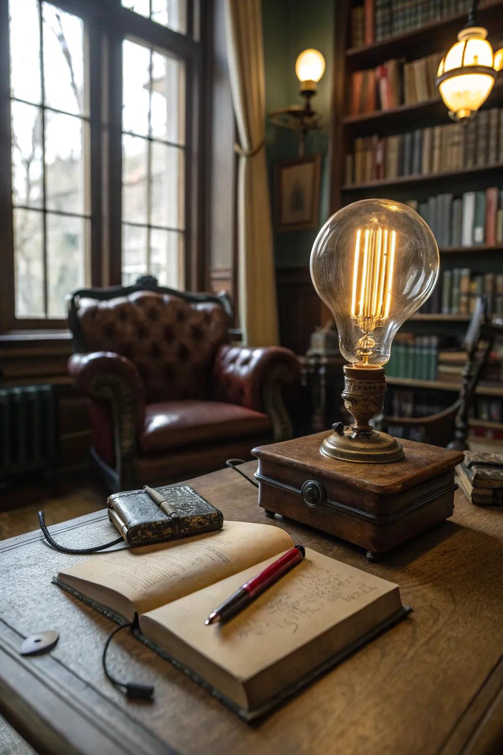 An Edison bulb lamp casting a warm, nostalgic glow in a study.