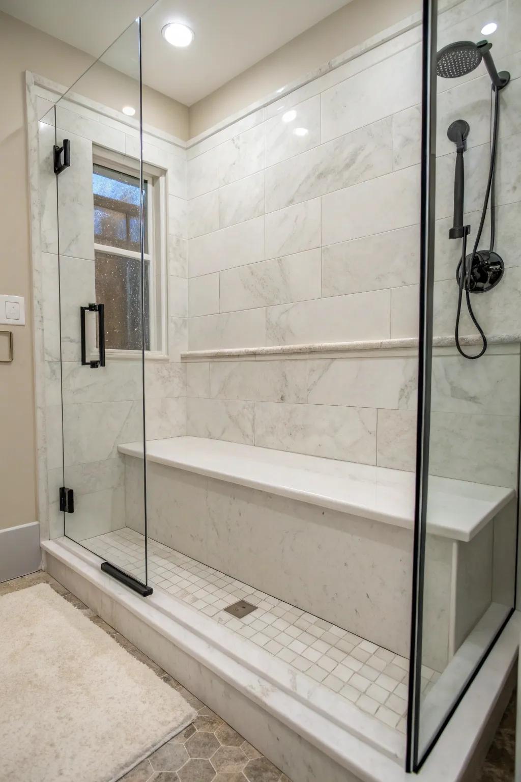 A shower bench adds practicality to cultured marble showers.