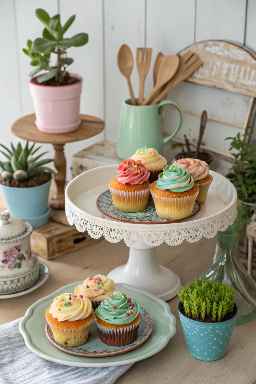 Eco-friendly display using repurposed plates and stands for a sustainable touch.