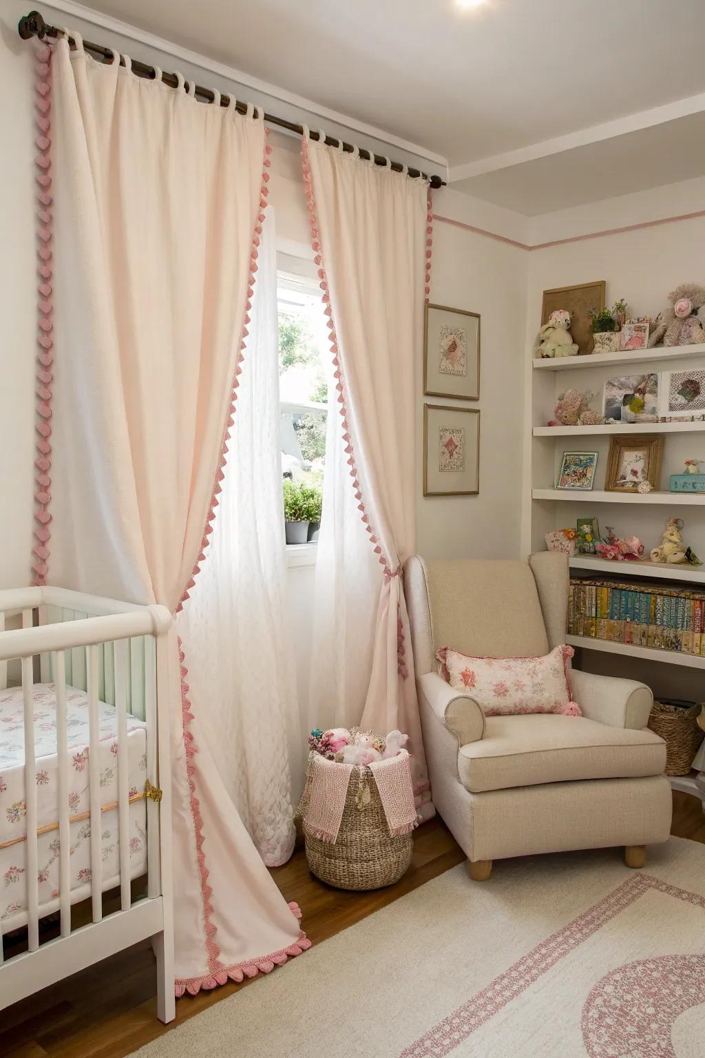 Classic nursery curtains with scalloped edges.