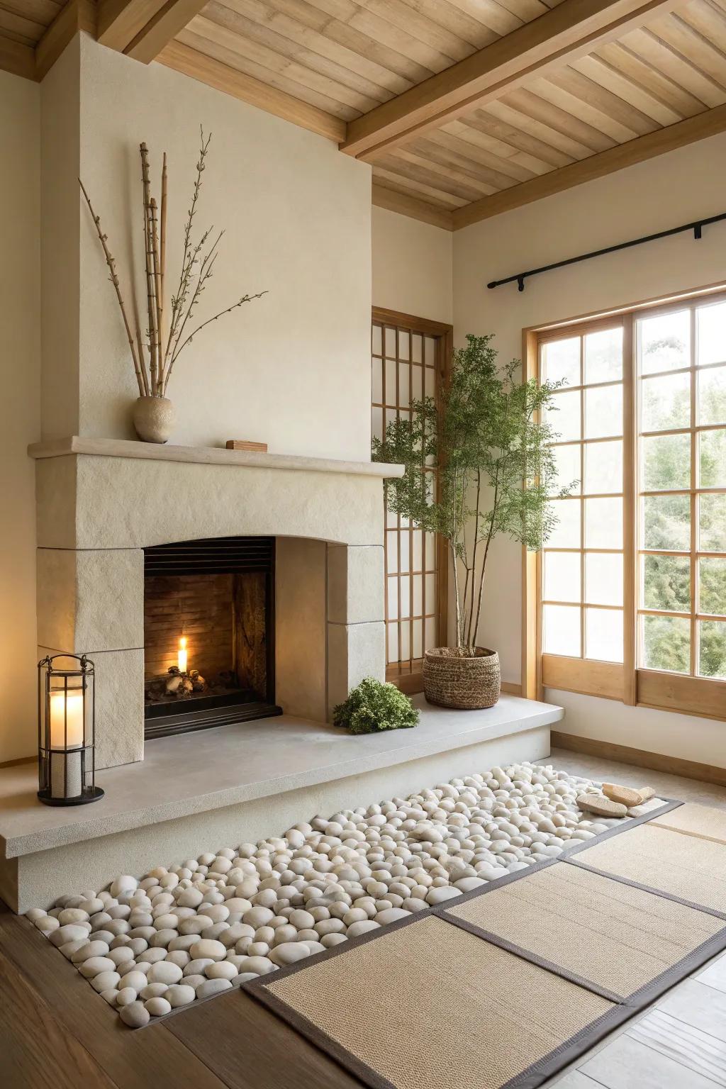 A Japanese minimalist fireplace that exudes calm and elegance.