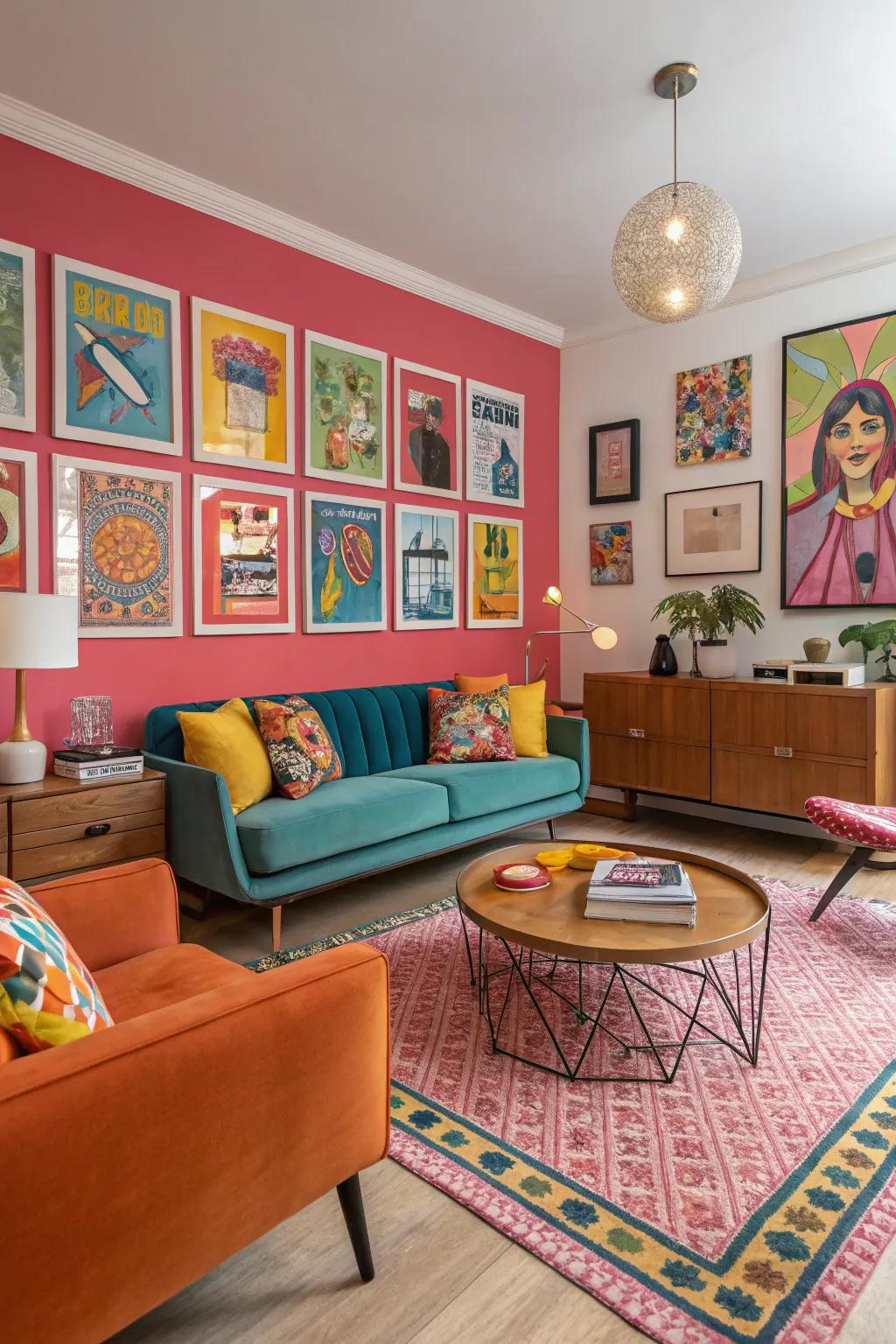 Retro pop art adds vibrant energy to a living room.